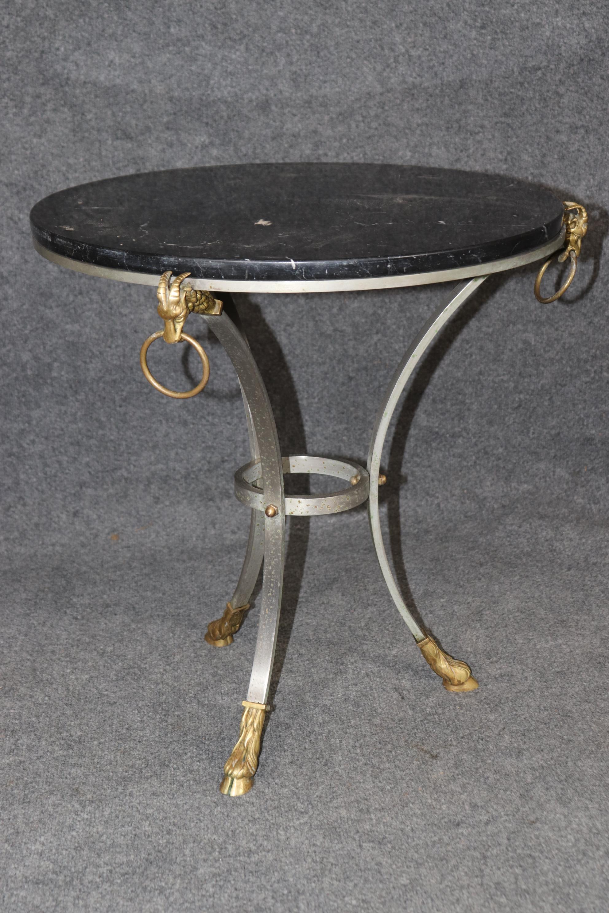 Pair Rams Head Maison Jansen Brass and Steel Marble Top Gueridon Tables For Sale 1