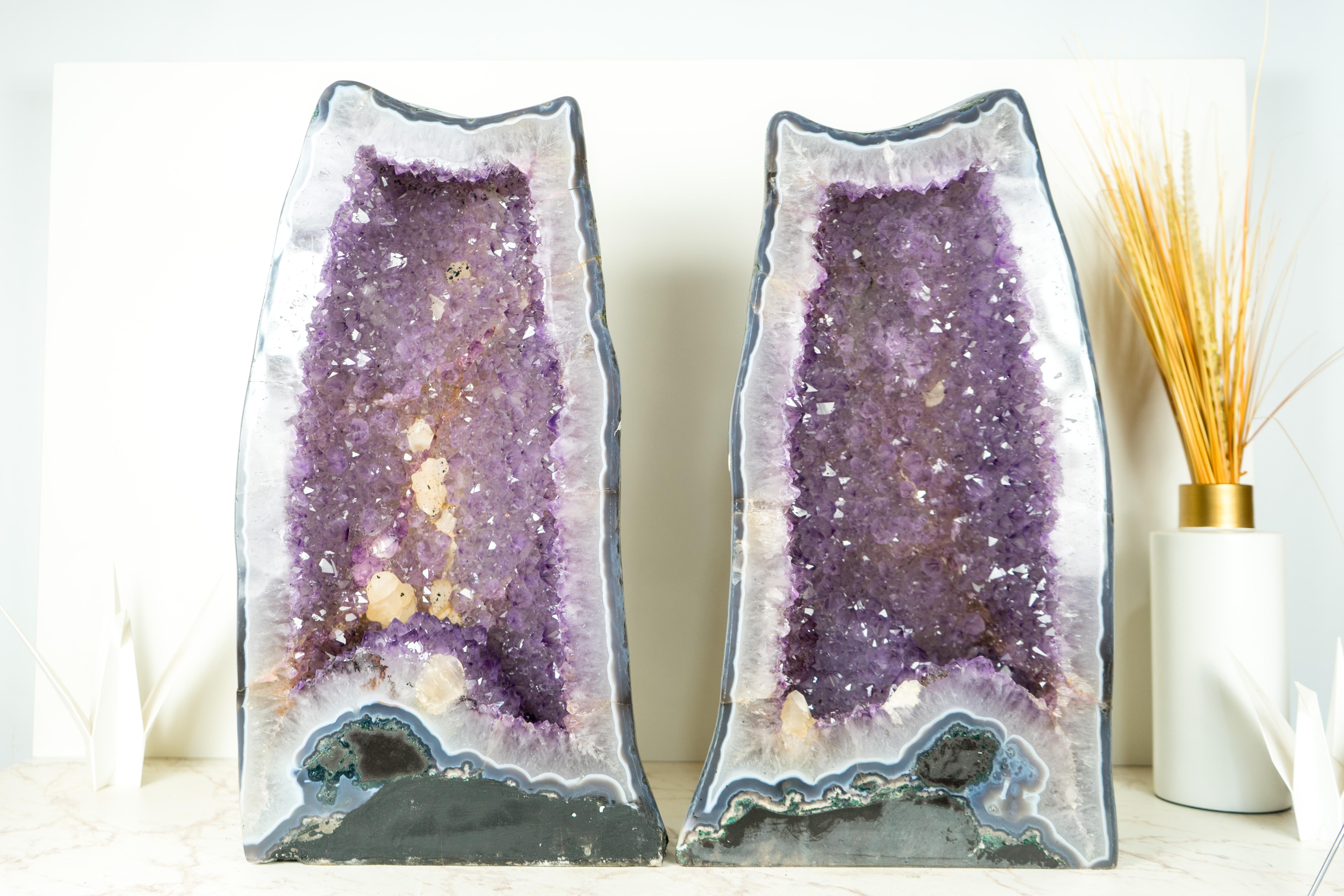 Par de Raras Geodas de Amatista con Amatista Lavanda y Reverso Pulido Paisajista en venta 5