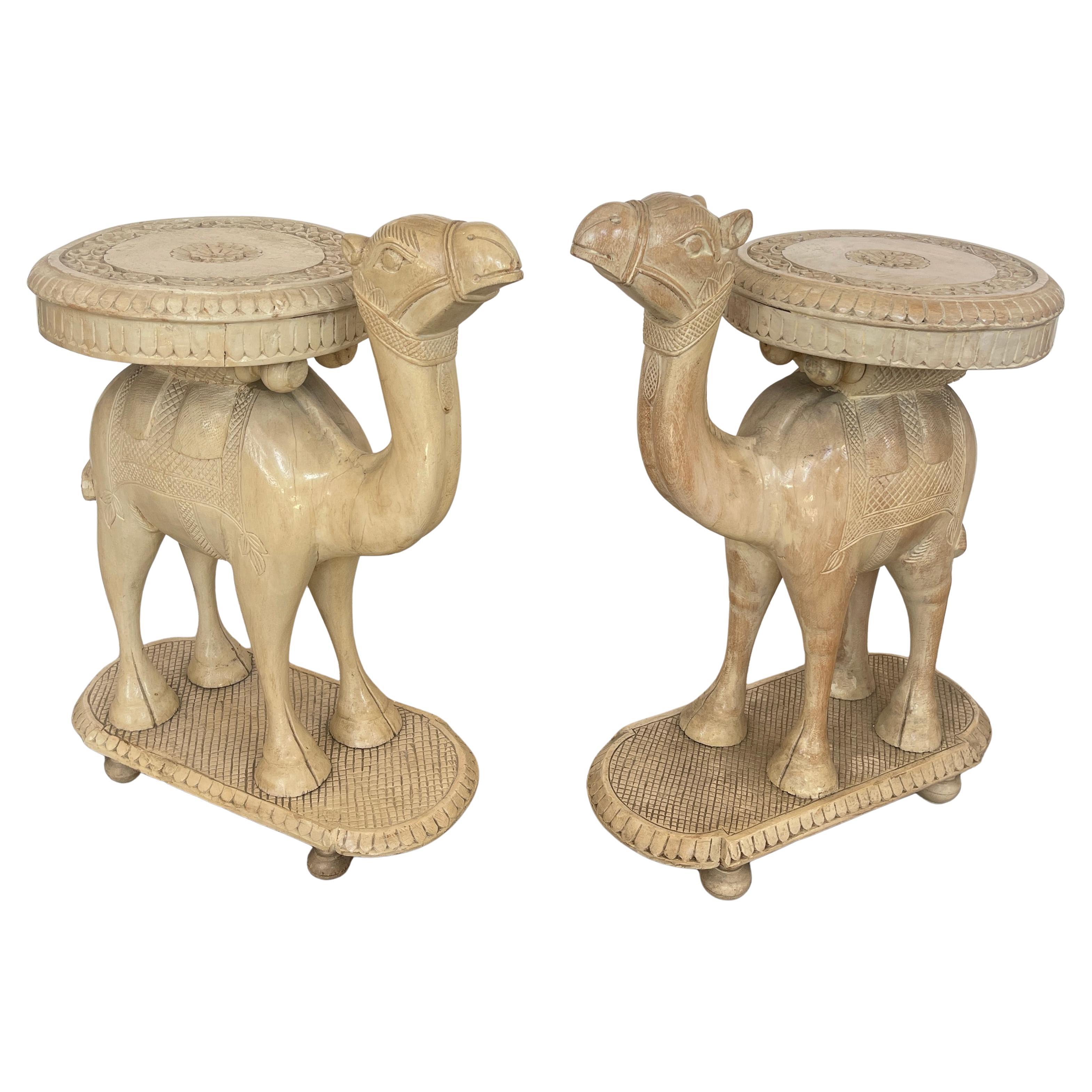 Pair Rare Anglo-Indian Hand Carved Wood Ivory Color Camel Tables C. 1880-1920