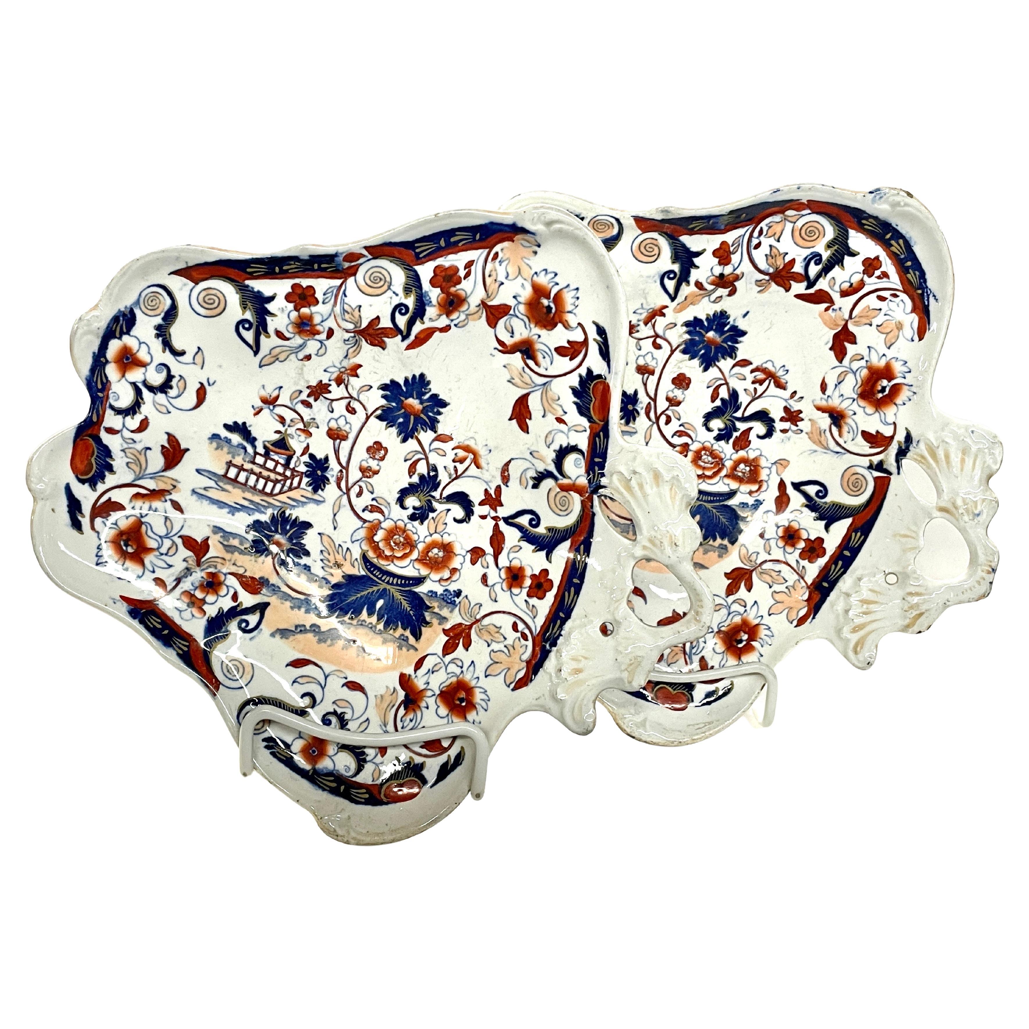 Pareja de Raros Platos de Postre Antiguos Ingleses Minton Ironstone Amherst Japan Pattern