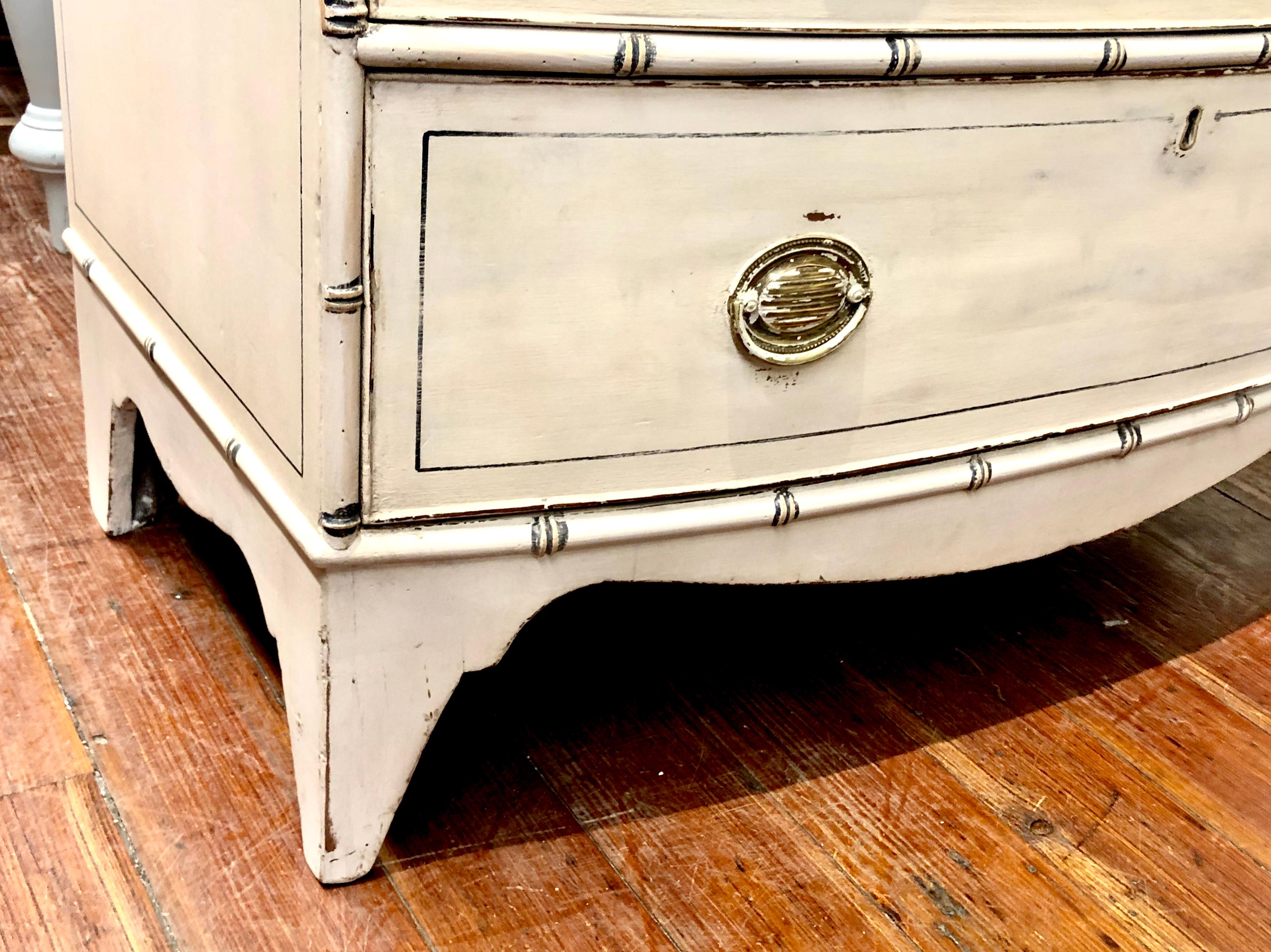 19th Century Rare Near Pair Antique English Painted Regency Faux Bamboo Edge Bowfront Chests