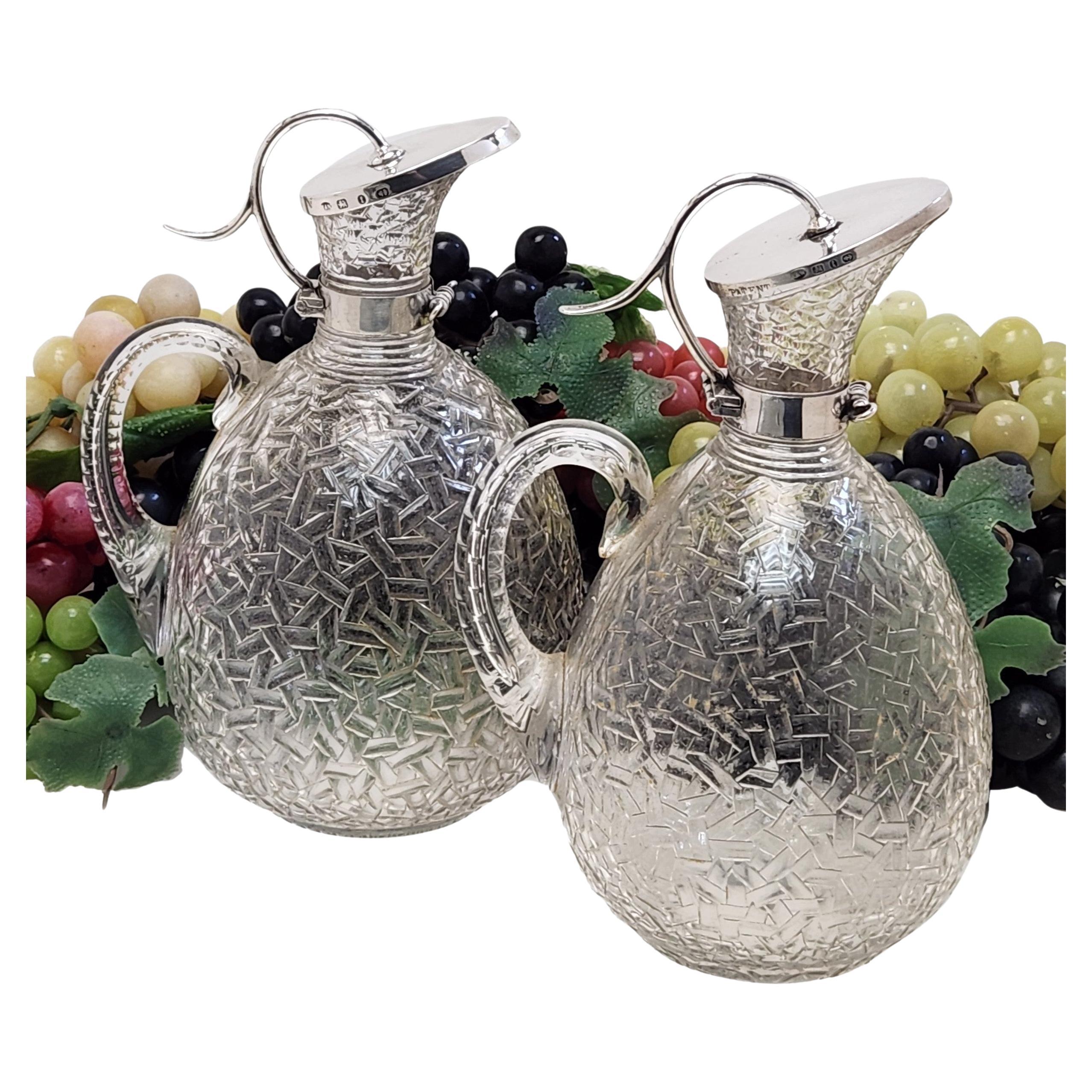 Pair Rare Antique Victorian Silver & Glass Caret Jugs / Wine Decanters 1893
