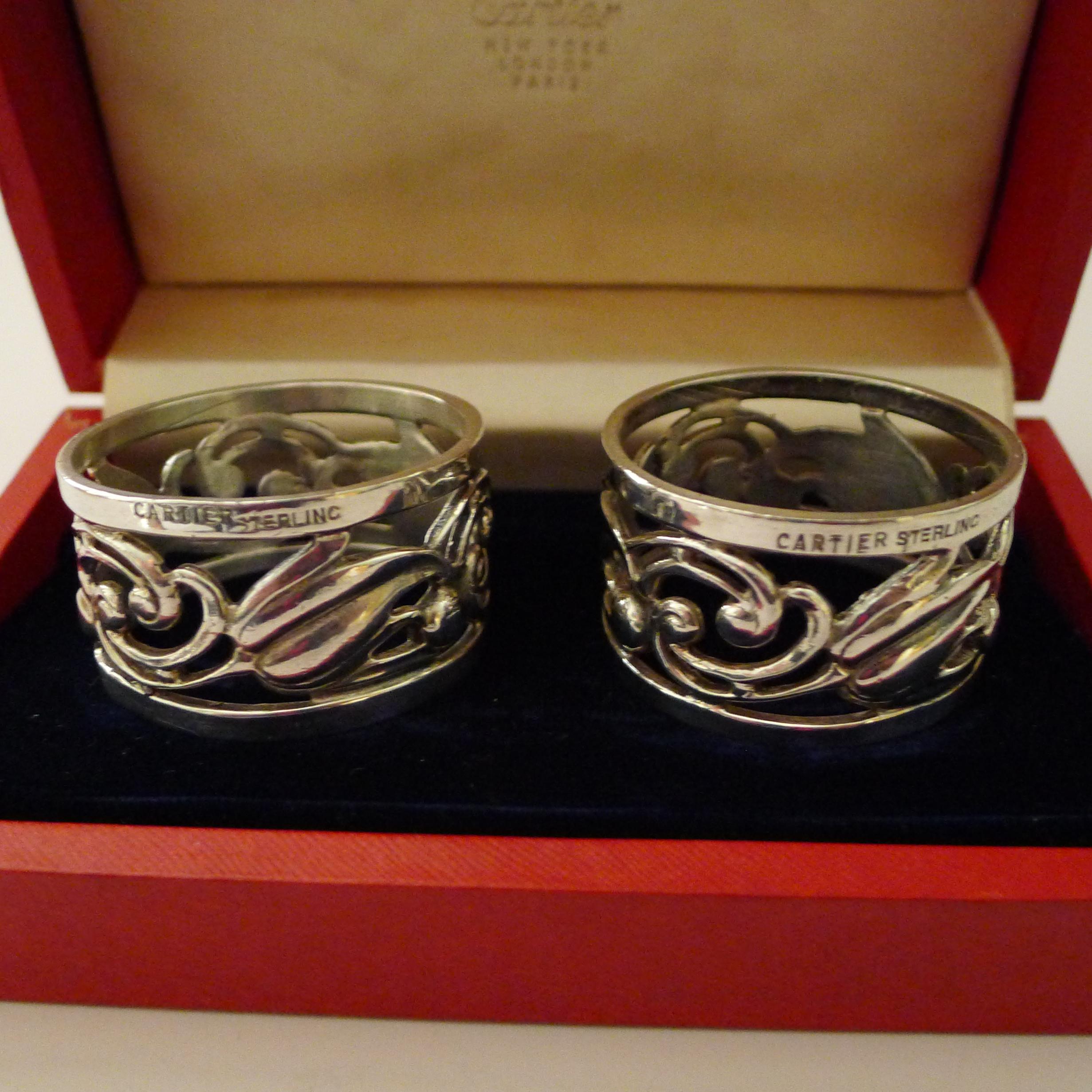 Coppia di rari portatovaglioli in argento massiccio/sterling di Cartier - Scatola originale in vendita 5