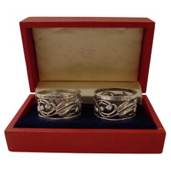 Pair Rare Cartier Solid / Sterling Silver Napkin Rings - Original Box