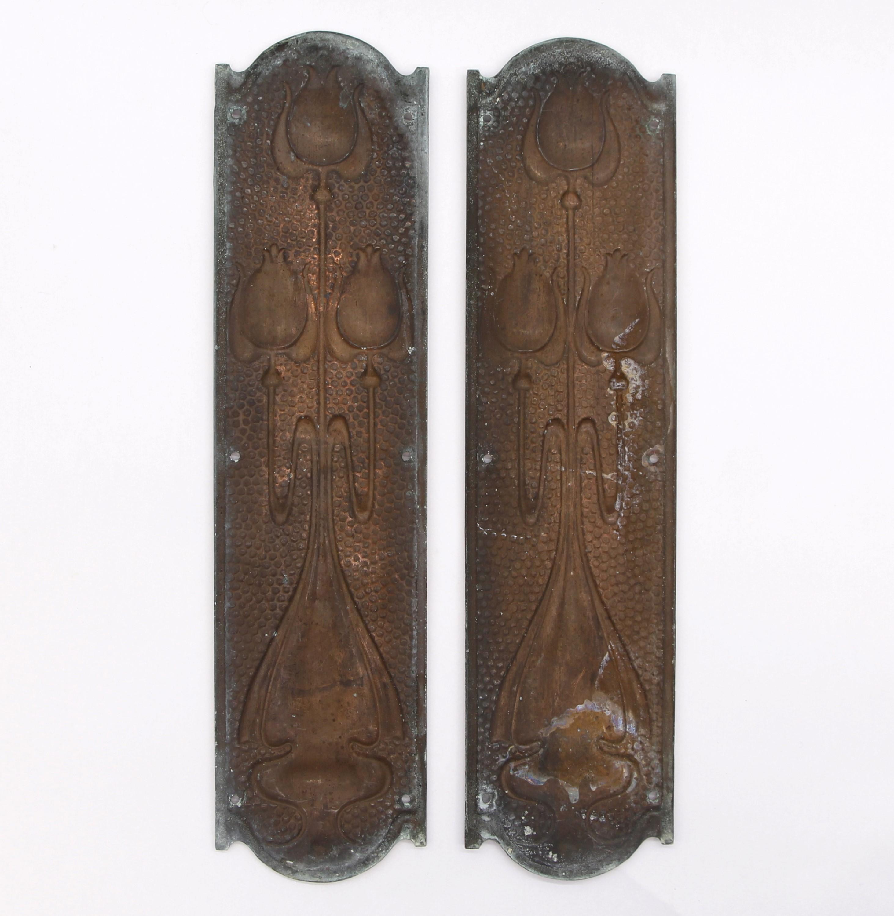 Pair Rare Copper Art Nouveau Brass Door Push Plates In Good Condition In New York, NY