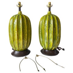 Pair Rare Hand Throne Green Glazed Textured Pottery Table Lamps, 1950s, Italy