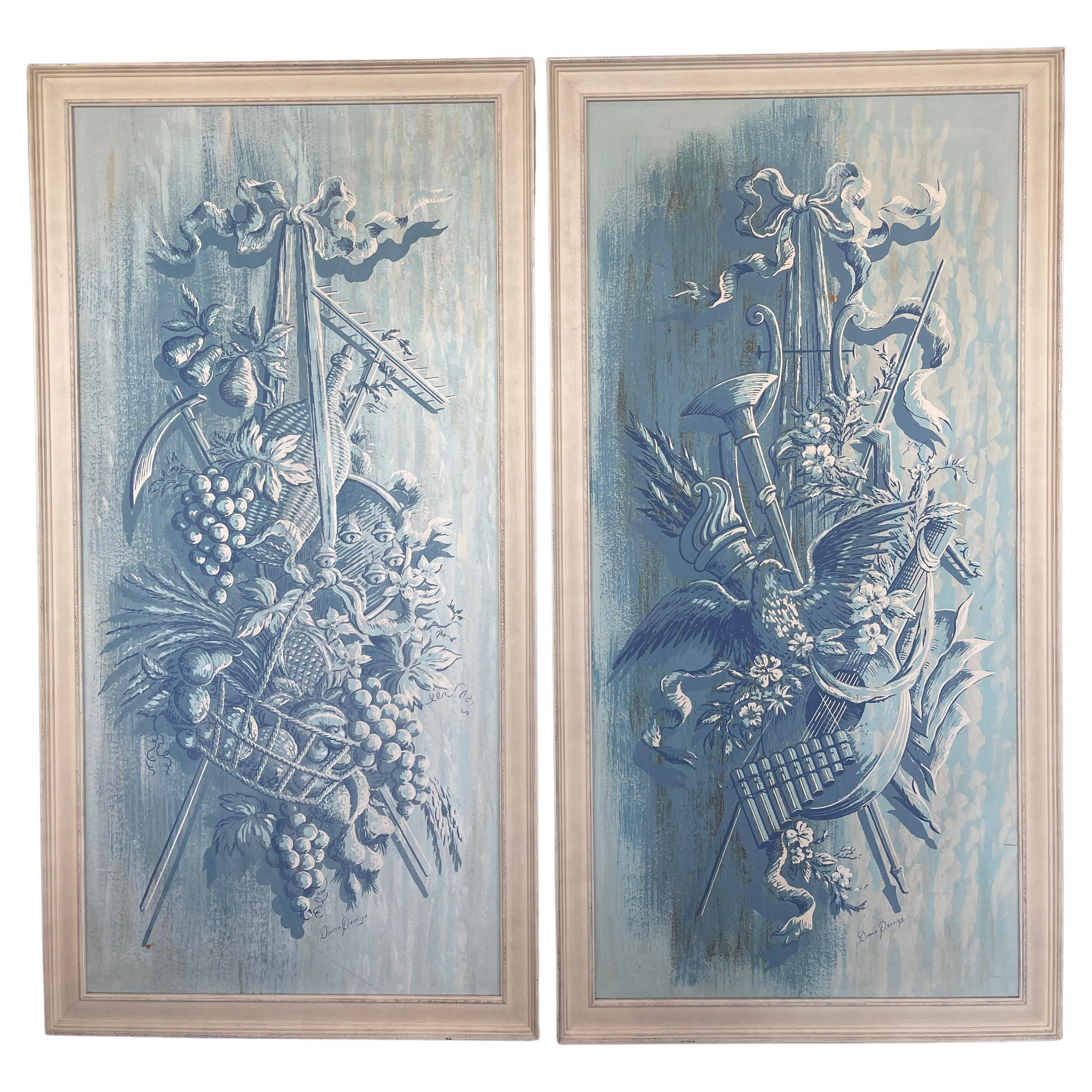 Pair Rare Italian Hand Painted Pastoral Panels, Harvest Time, Duane Perrigo For Sale