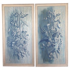 Pair Rare Italian Hand Painted Pastoral Panels, Harvest Time, Duane Perrigo