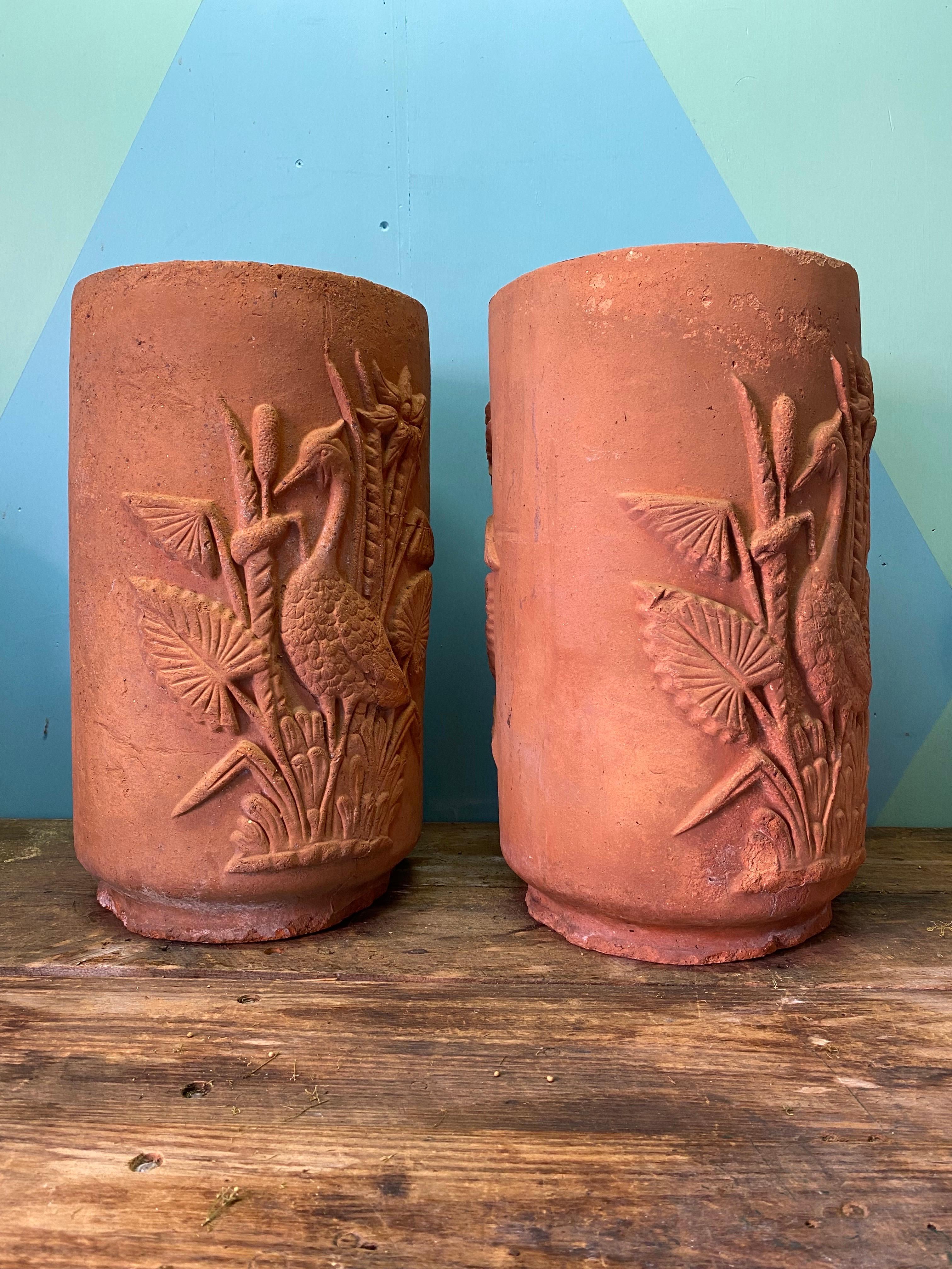 Pressed Pair Rare John Campbell Terracotta Chinoiserie Planters or Umbrella Stands   For Sale