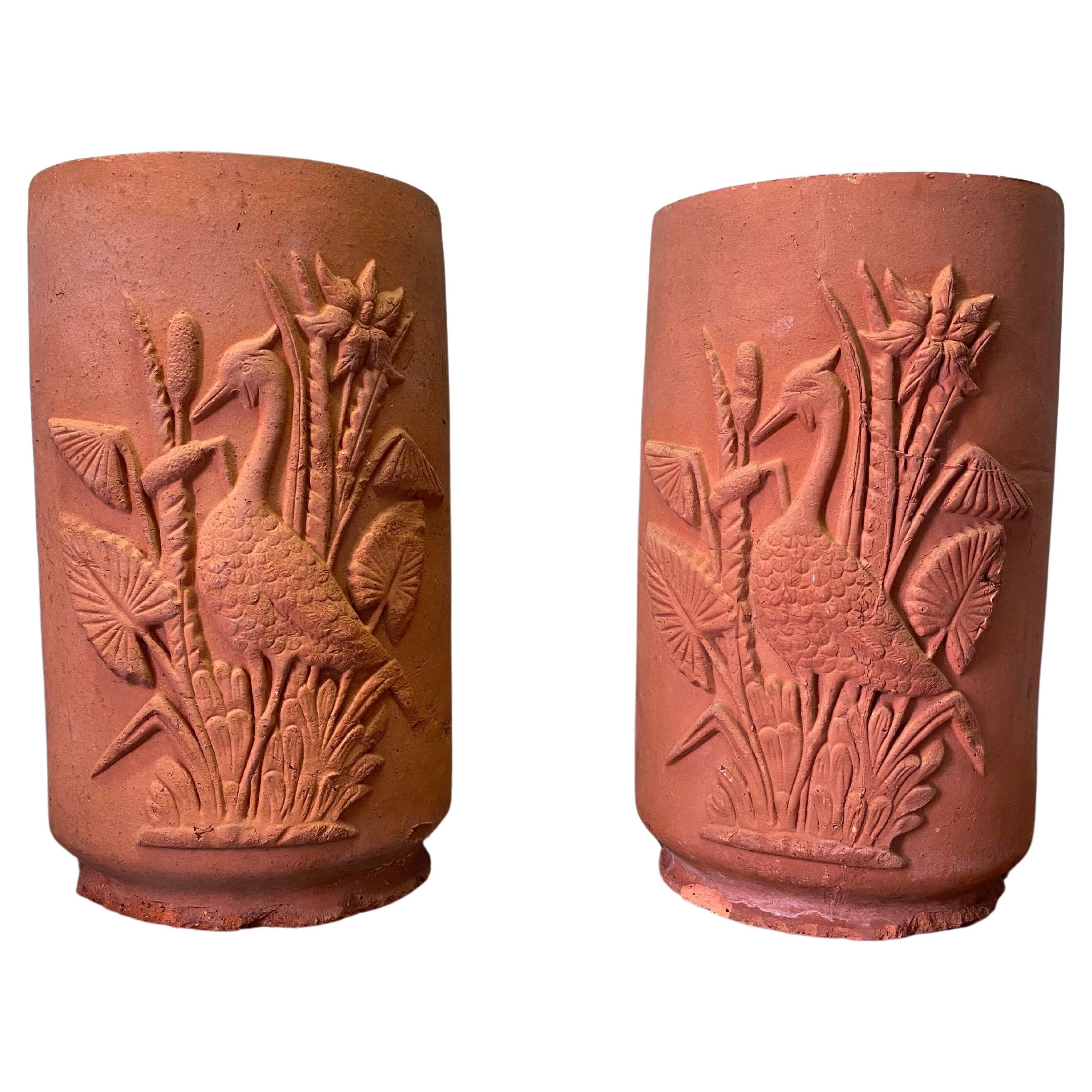 Pair Rare John Campbell Terracotta Chinoiserie Planters or Umbrella Stands  