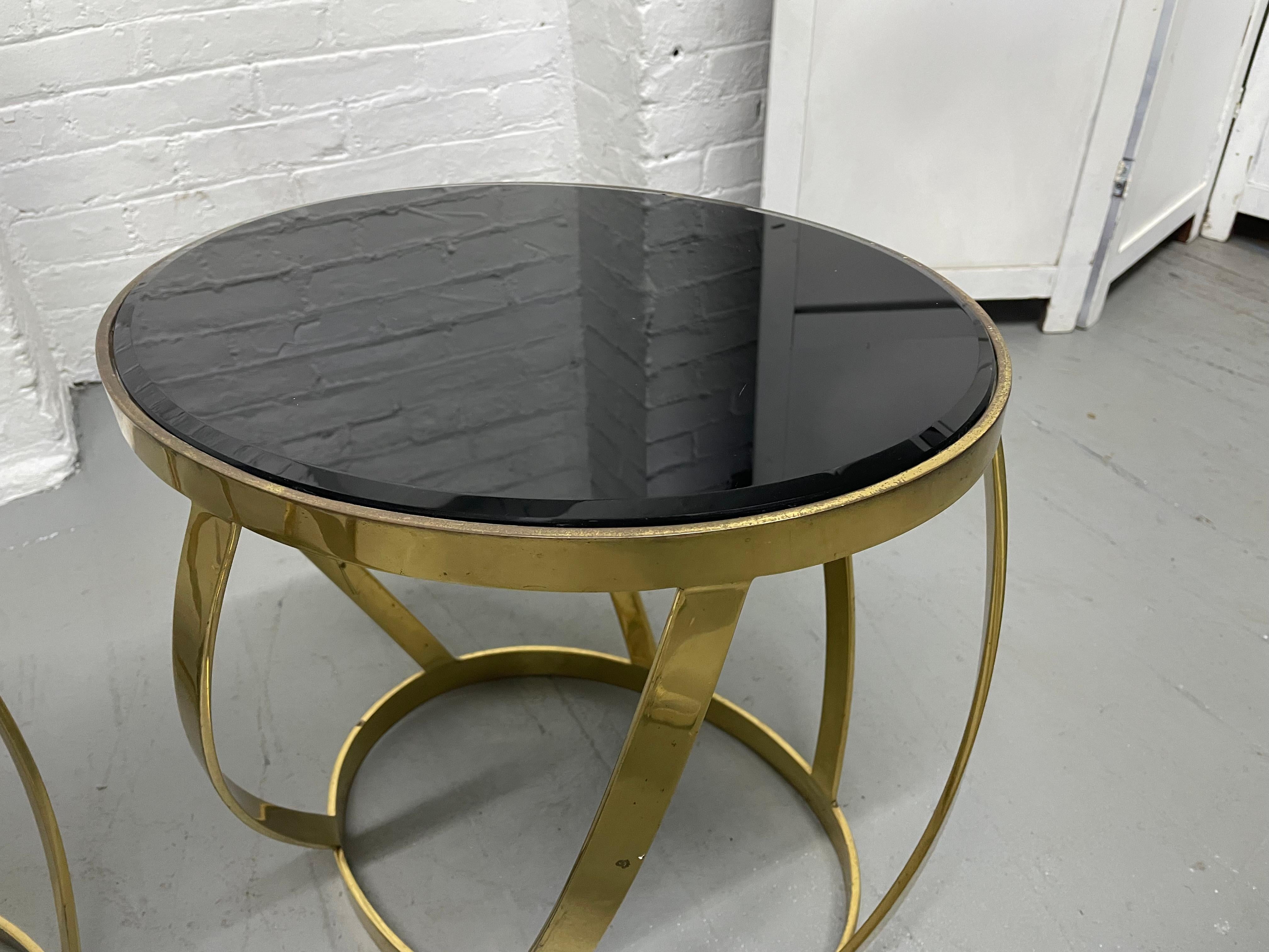 Late 20th Century Pair Rare Karl Springer Onyx Top and Brass End Tables For Sale