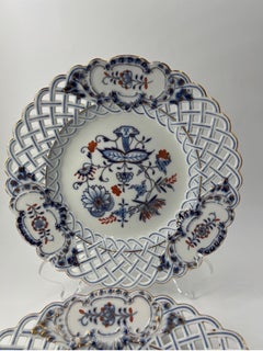 Pair, Rare Meissen Blue Onion Rich Reticulated Plates Crossed Swords