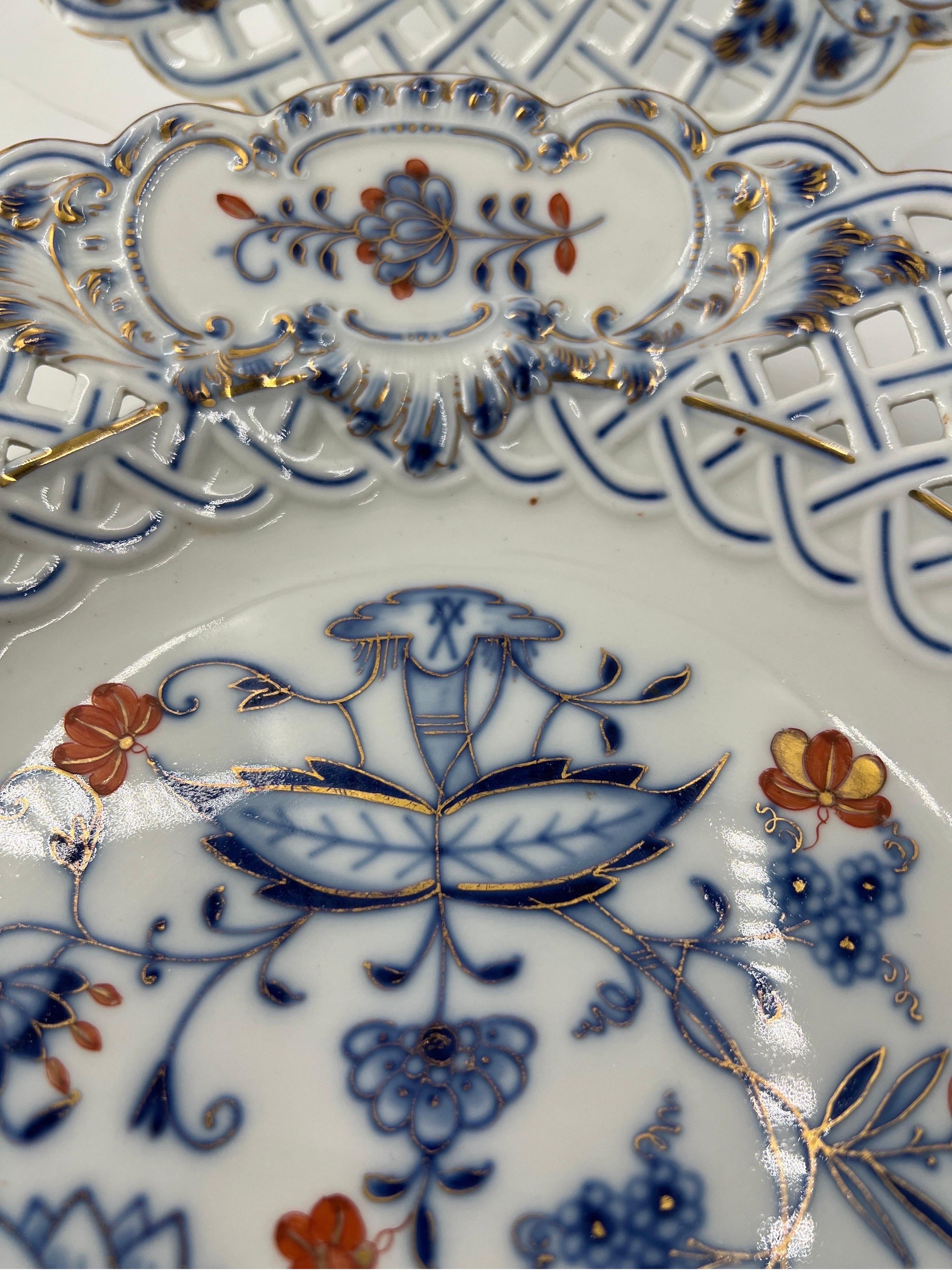 Pair, Rare Meissen Blue Onion Rich Reticulated Plates Crossed Swords 1