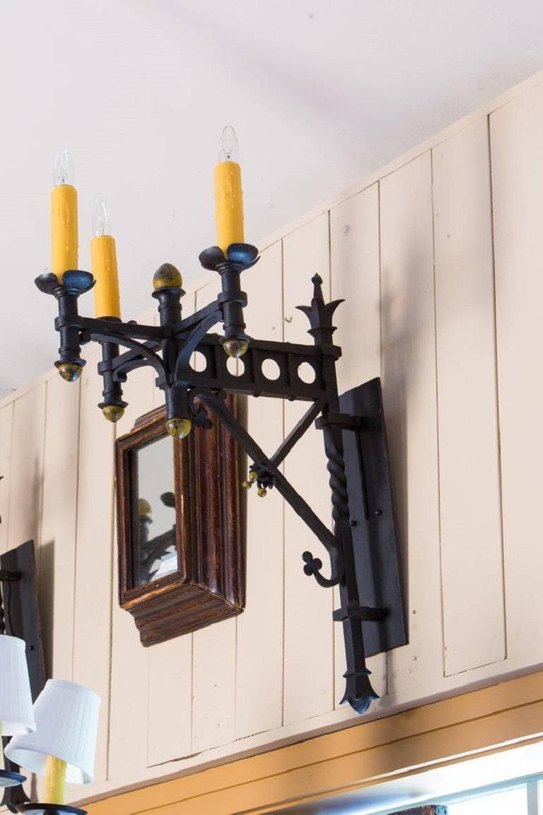 Hand-Crafted Pair Rare, Monumental Iron Neo-Gothic French Sconces, circa 1910