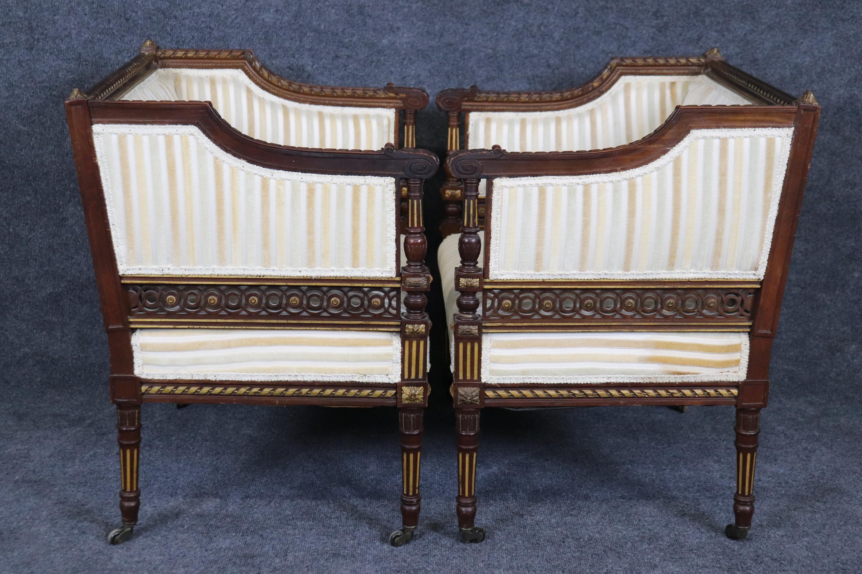 Pair Rare Precisely Carved French Louis XVI Style Gilded Walnut Bergere Chairs For Sale 1