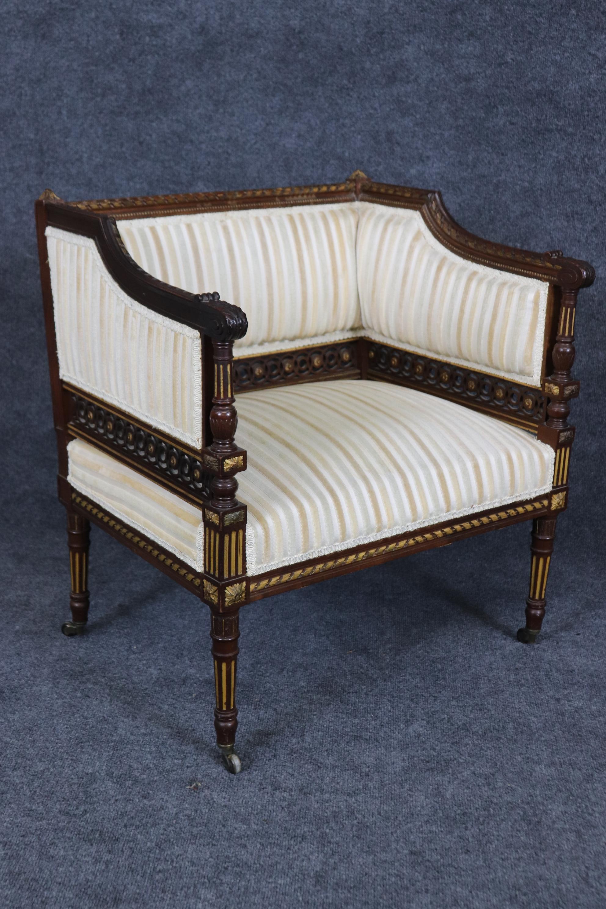 Pair Rare Precisely Carved French Louis XVI Style Gilded Walnut Bergere Chairs For Sale 2