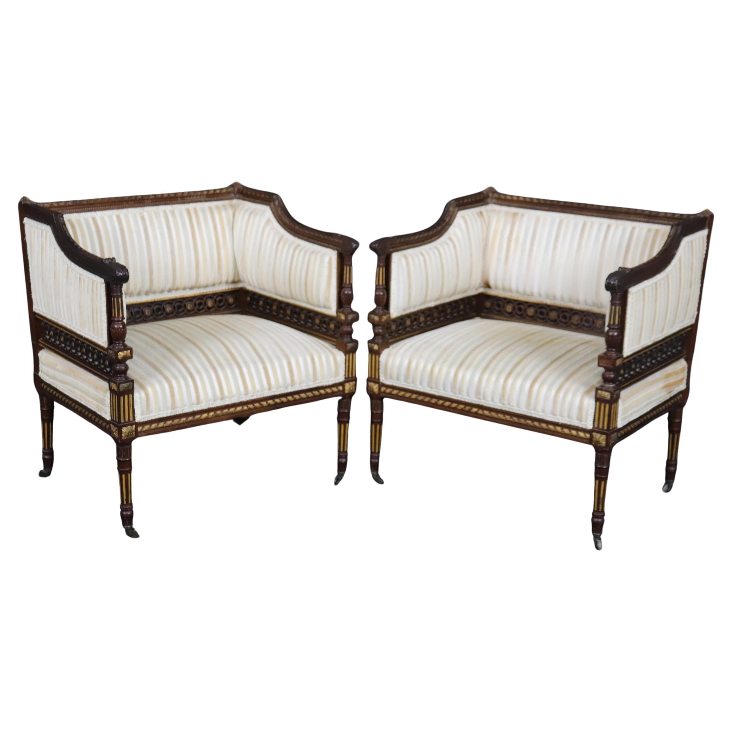 Pair Rare Precisely Carved French Louis XVI Style Gilded Walnut Bergere Chairs For Sale