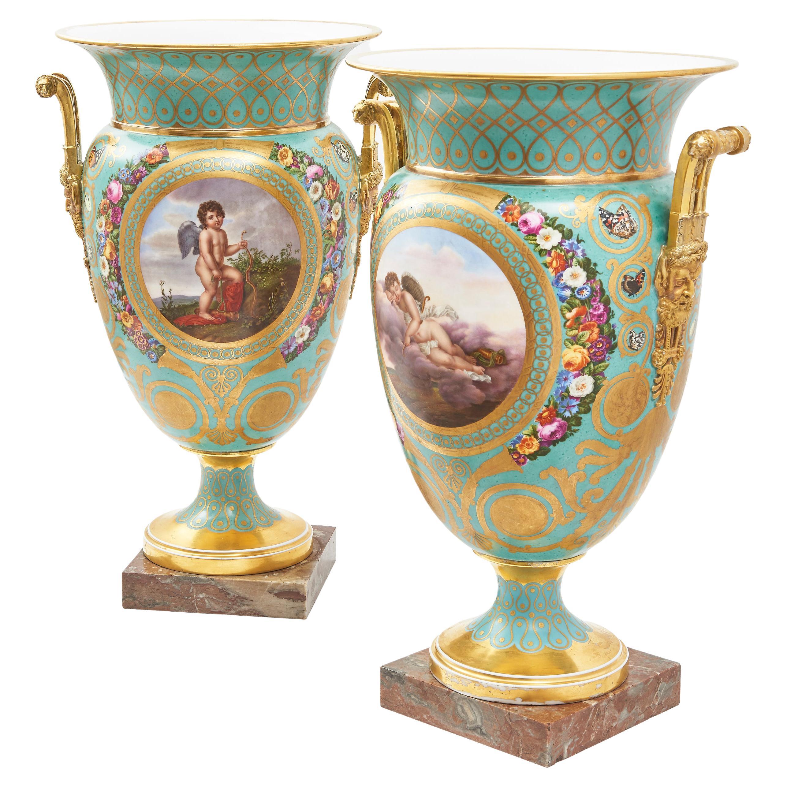 Pair Rare Sèvres Urns, Signed Ponty 1827, on Earlier 1760's Bases For Sale
