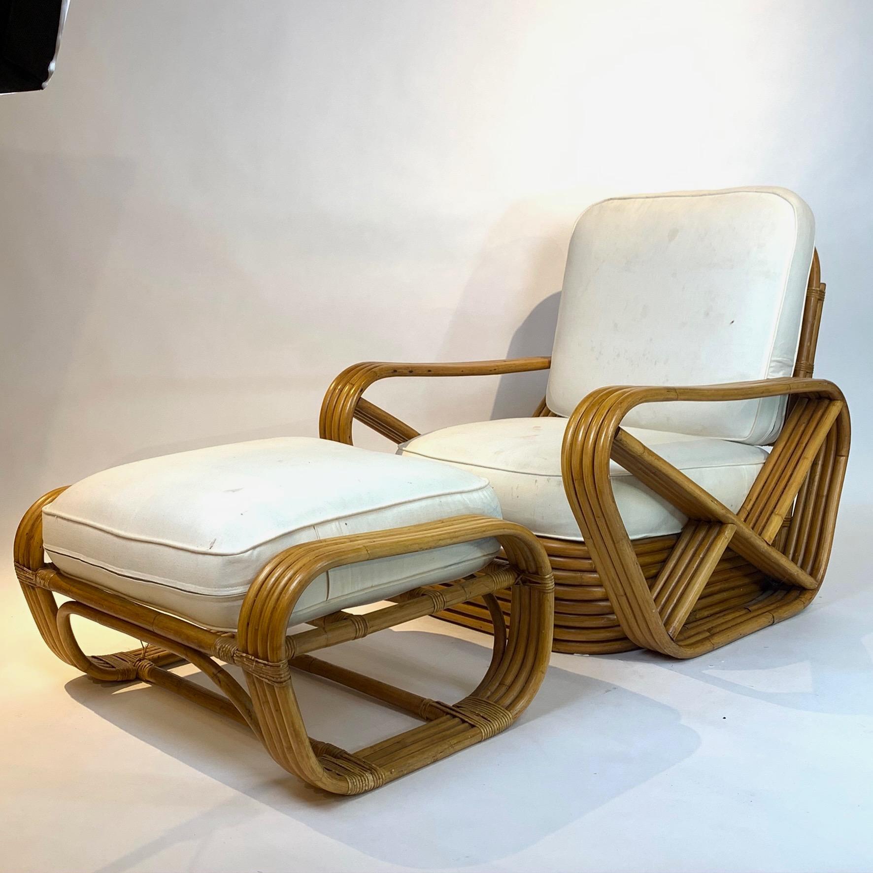 Japanese Pair of Rattan 1940s Paul Frankl Style Pretzel Chairs with Ottoman from Japan