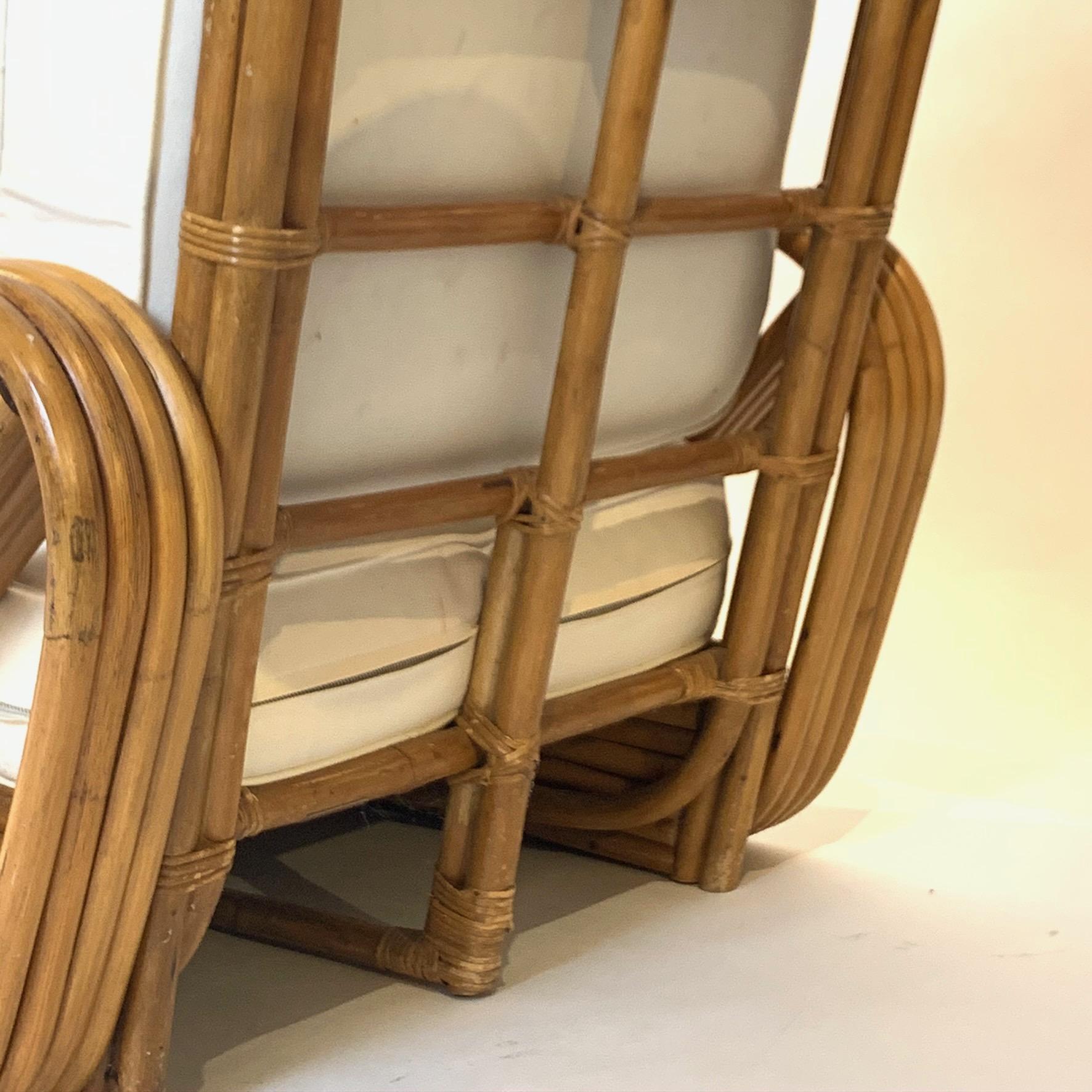 Pair of Rattan 1940s Paul Frankl Style Pretzel Chairs with Ottoman from Japan In Good Condition In Hudson, NY