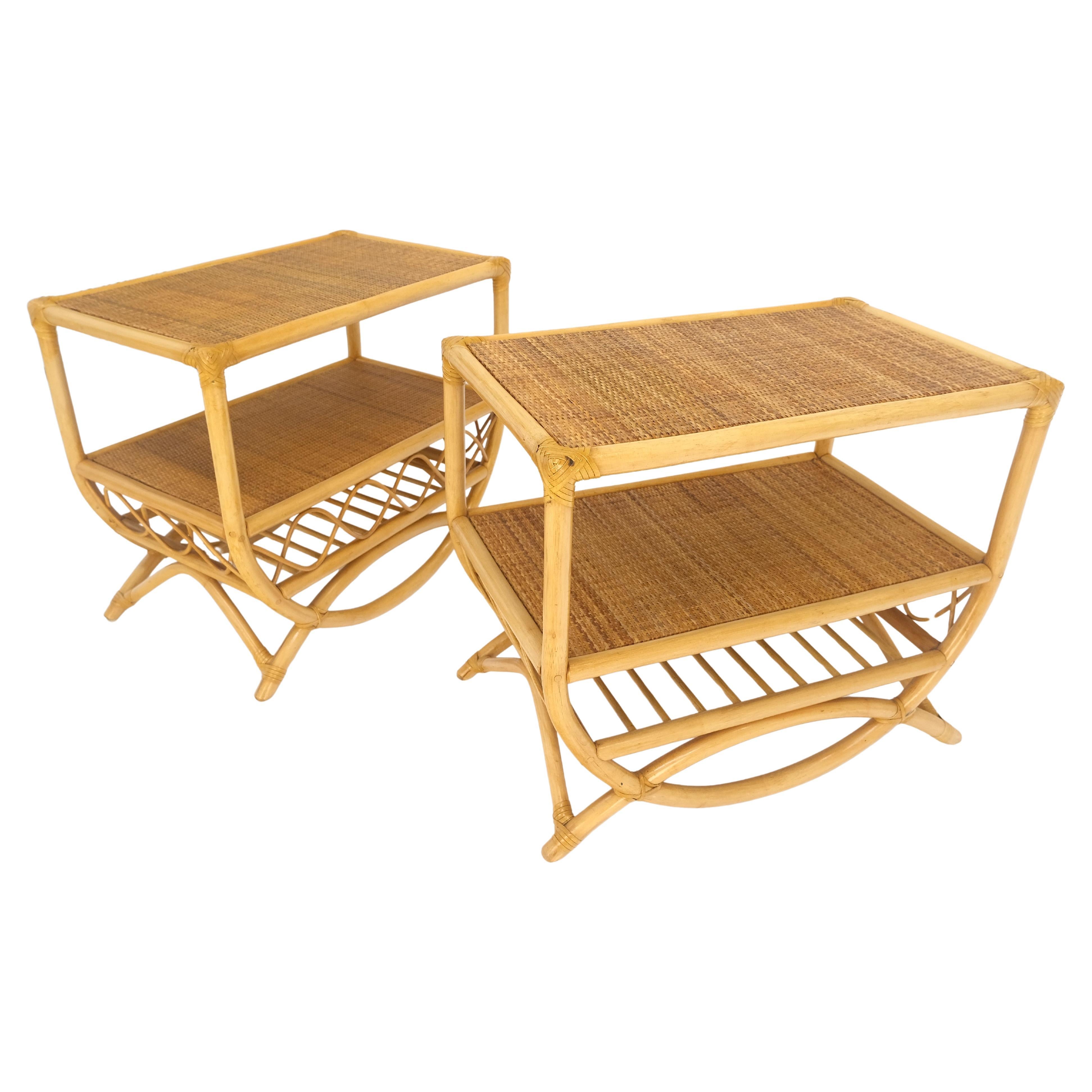 Pair Rattan Bamboo Grass Cloth Top Two Tier End Side Tables Stands Magazine Rack