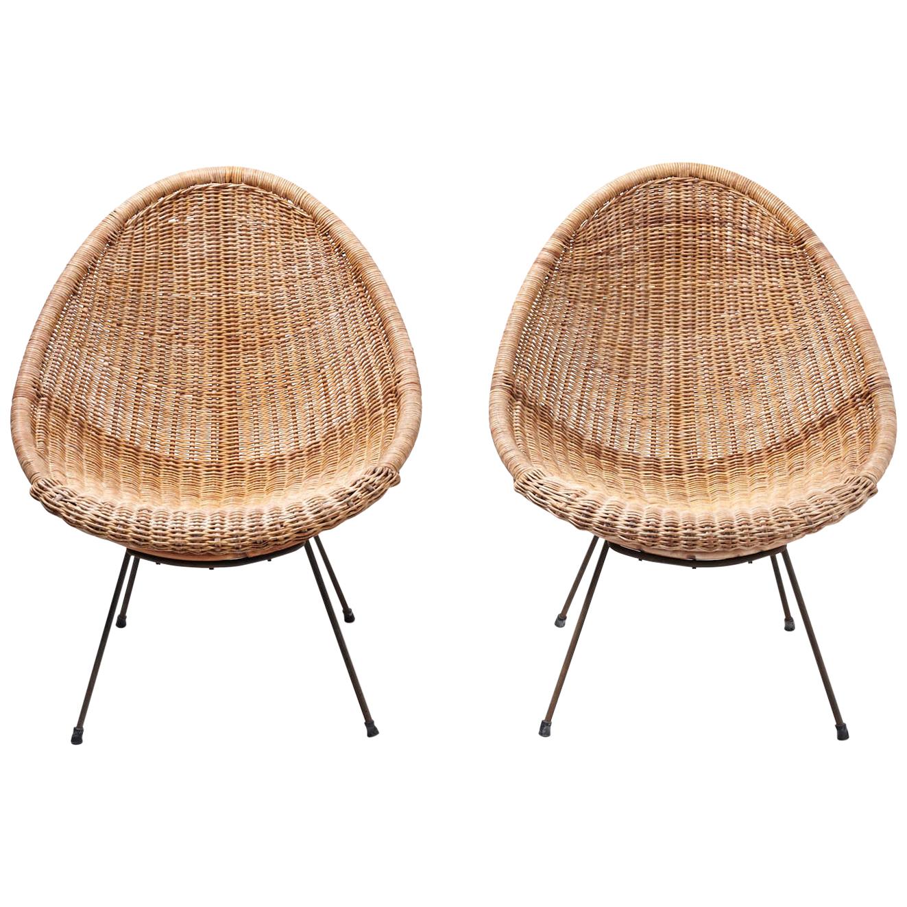 Pair Rattan 'Basket' Easy Chairs