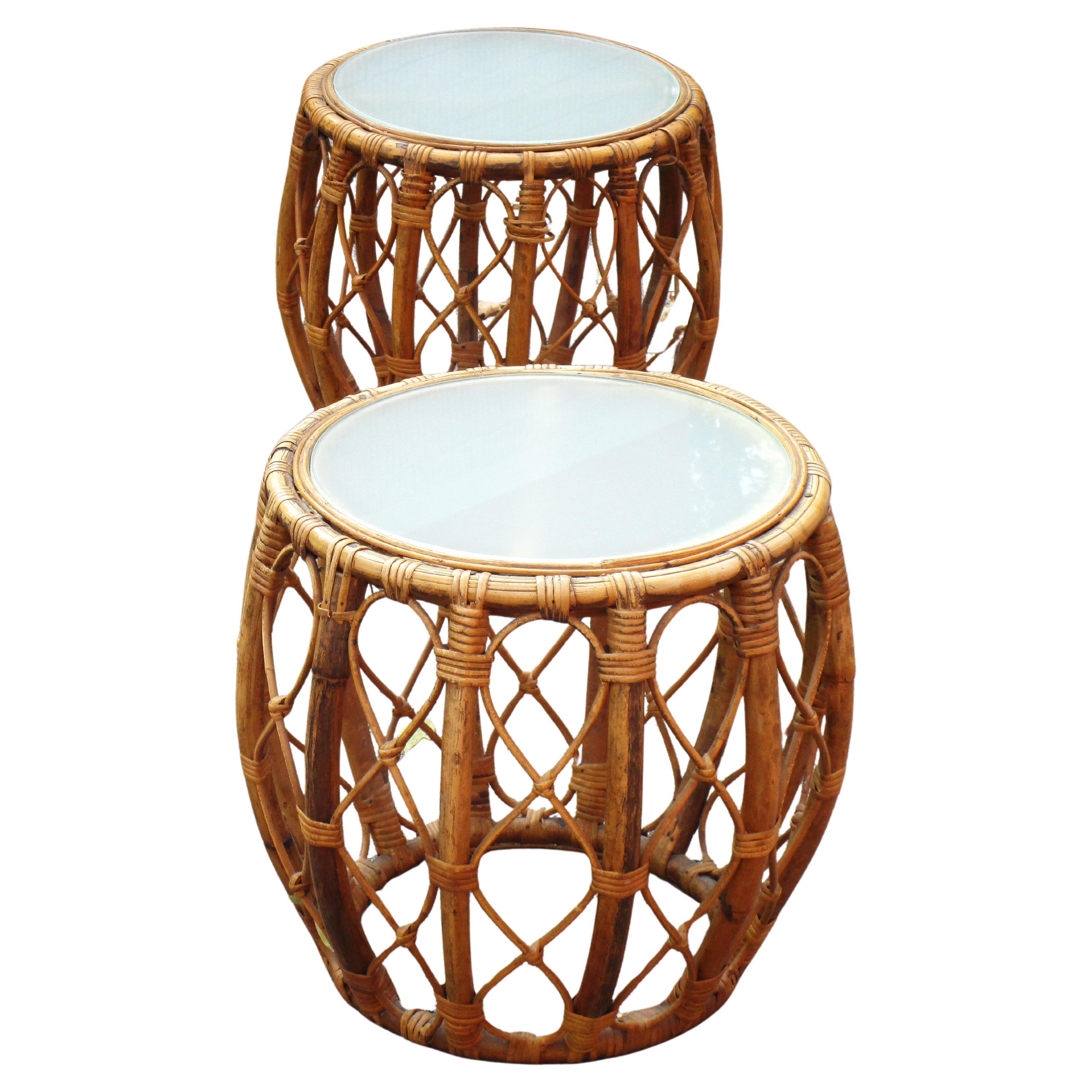 Paar Rattan-Trommeltische, CIRCA 1960 (Moderne der Mitte des Jahrhunderts) im Angebot
