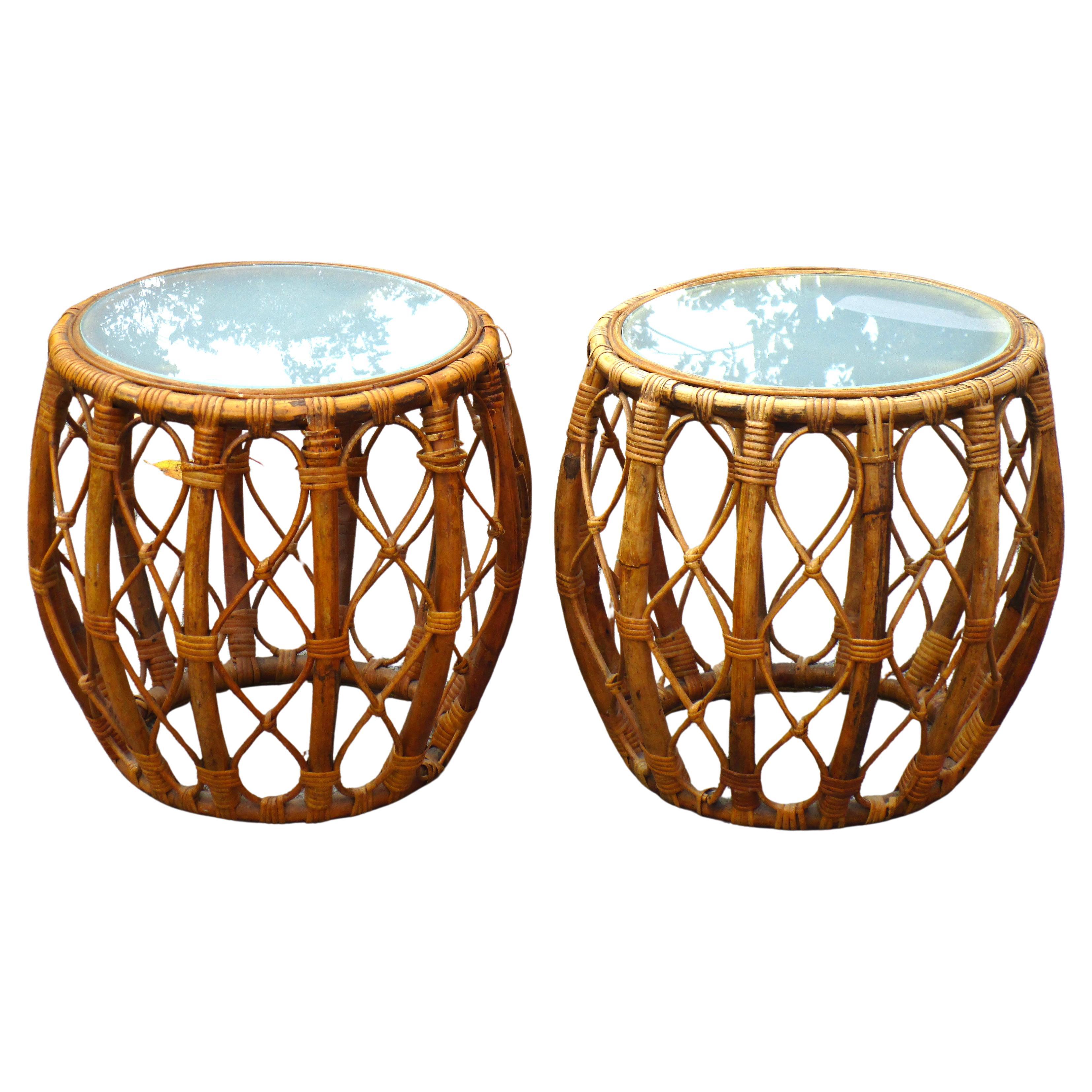 Paar Rattan-Trommeltische, CIRCA 1960 (Gehstock) im Angebot