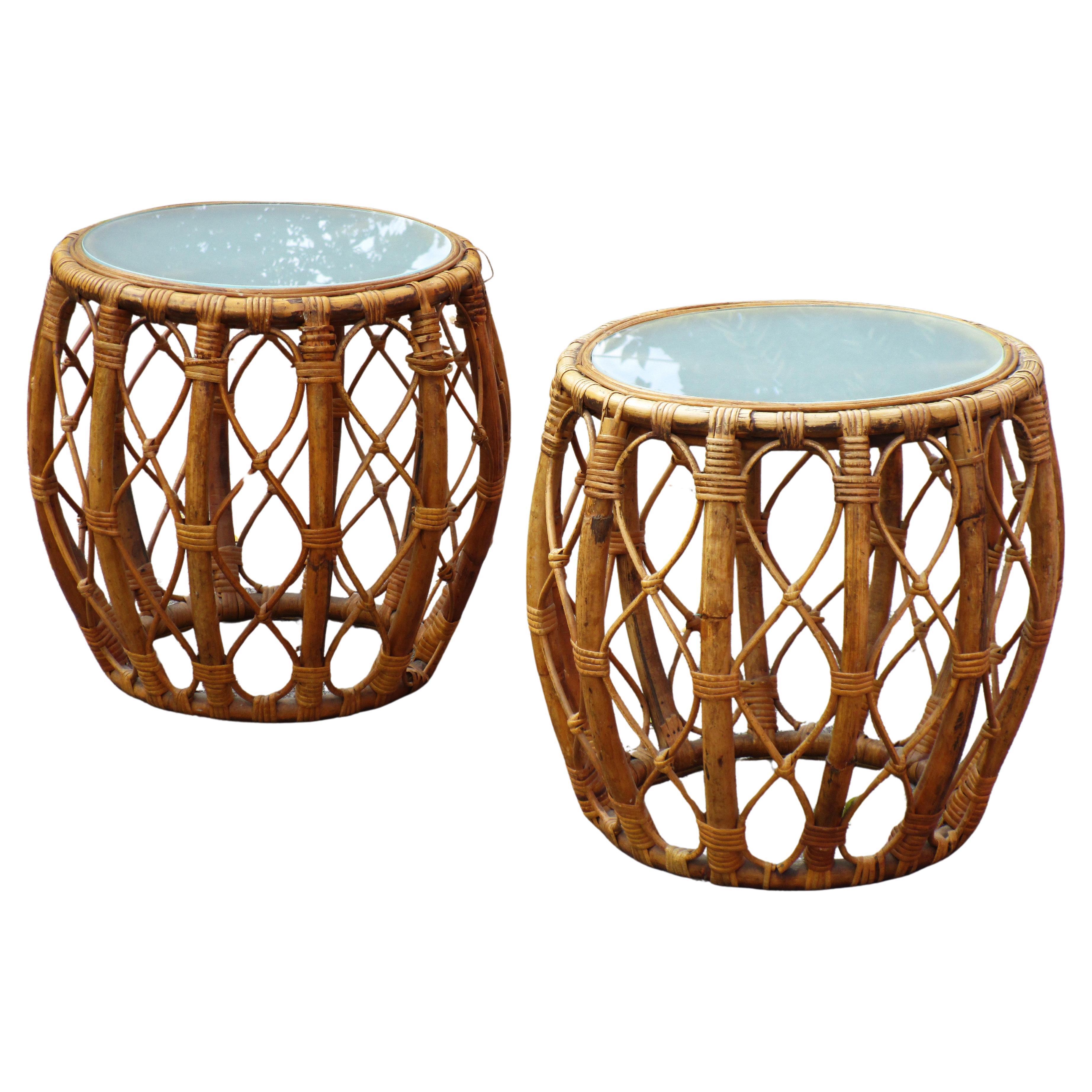 Coppia di tavoli a tamburo in rattan, CIRCA 1960