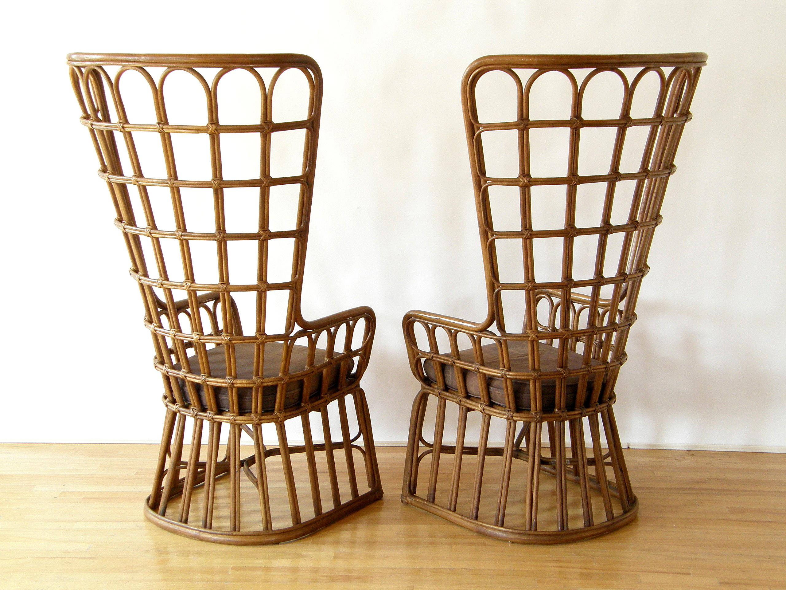 Late 20th Century Pair of Rattan Peacock Fan Chairs with High Backs and Upholstered Cushions