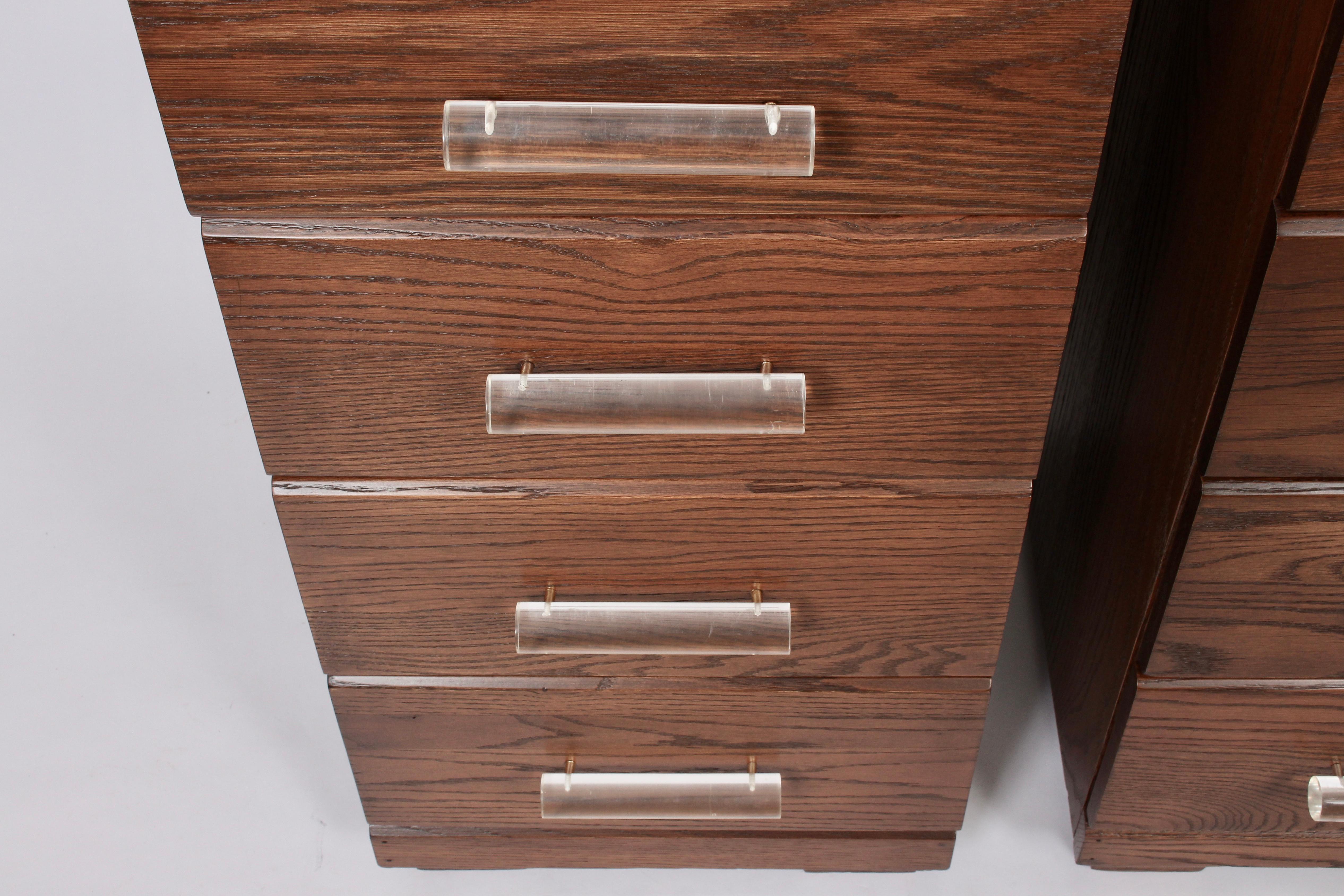 Stained Pair of Raymond Loewy for Mengel Four Drawer Nightstands with Lucite Handles