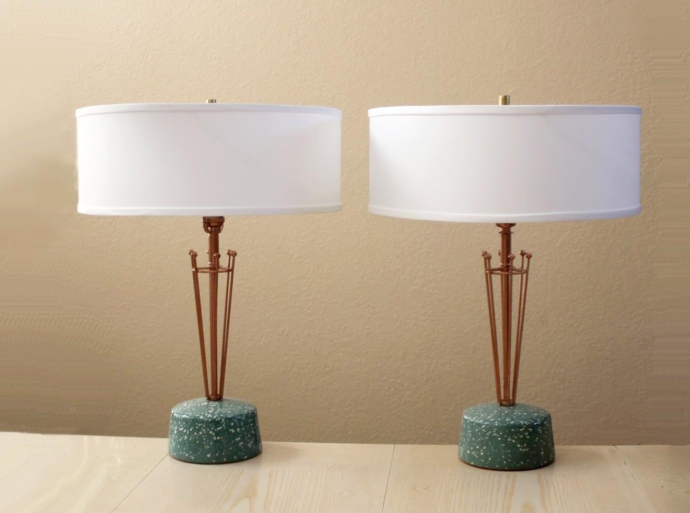 MAGNIFICENT!

Spectacularly Rare Pair

Raymor Mid Century Modern
Atomic Pottery & Metal
Table Lamps

Stunning Turquoise & Copper Hues!

Here is a fabulous pair of mid century modern lamps that merge fine pottery with atomic age flourishes to create