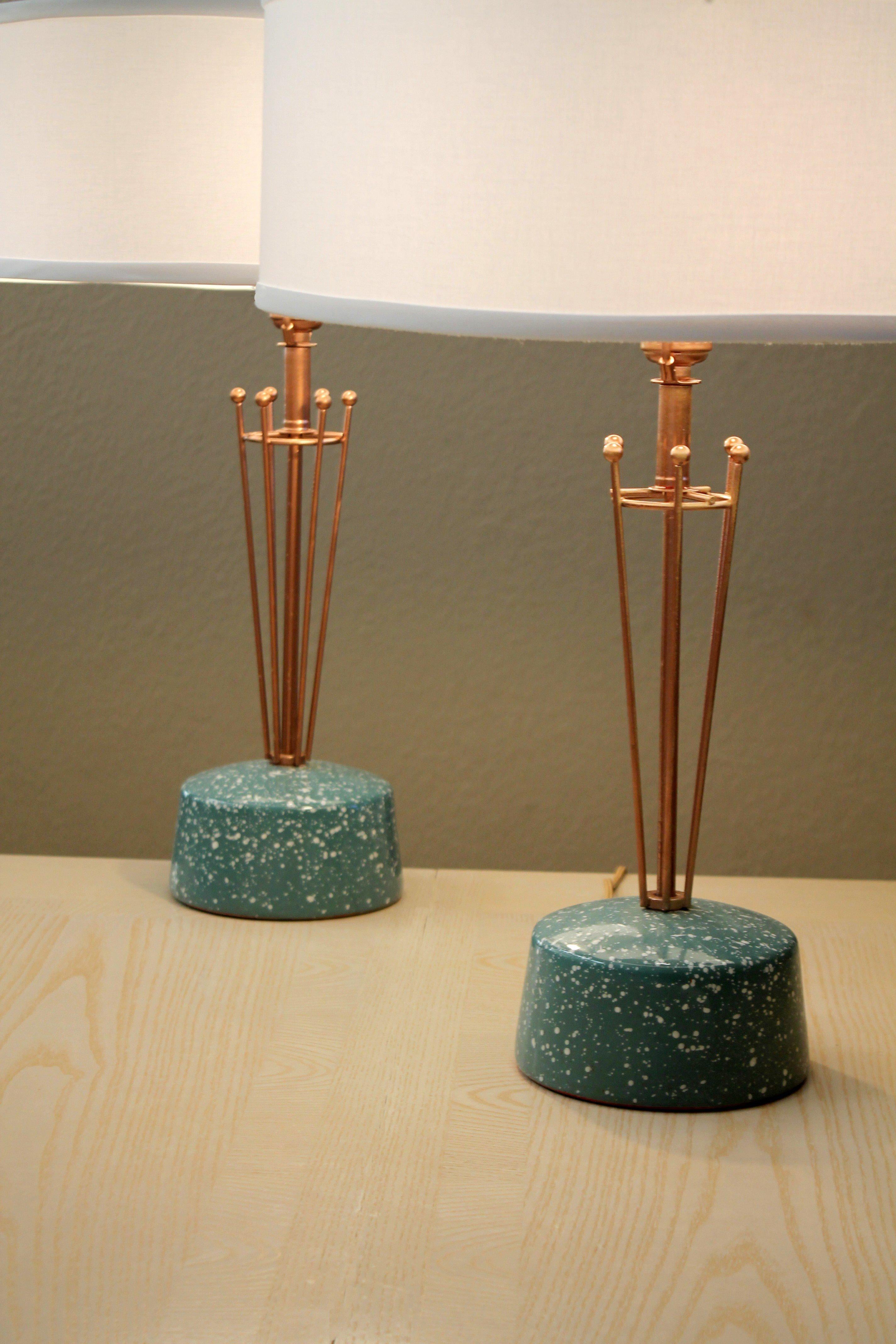 Hand-Crafted Pair! Raymor Mid Century Modern Atomic Pottery Table Lamps Aqua Copper Sputnik  For Sale