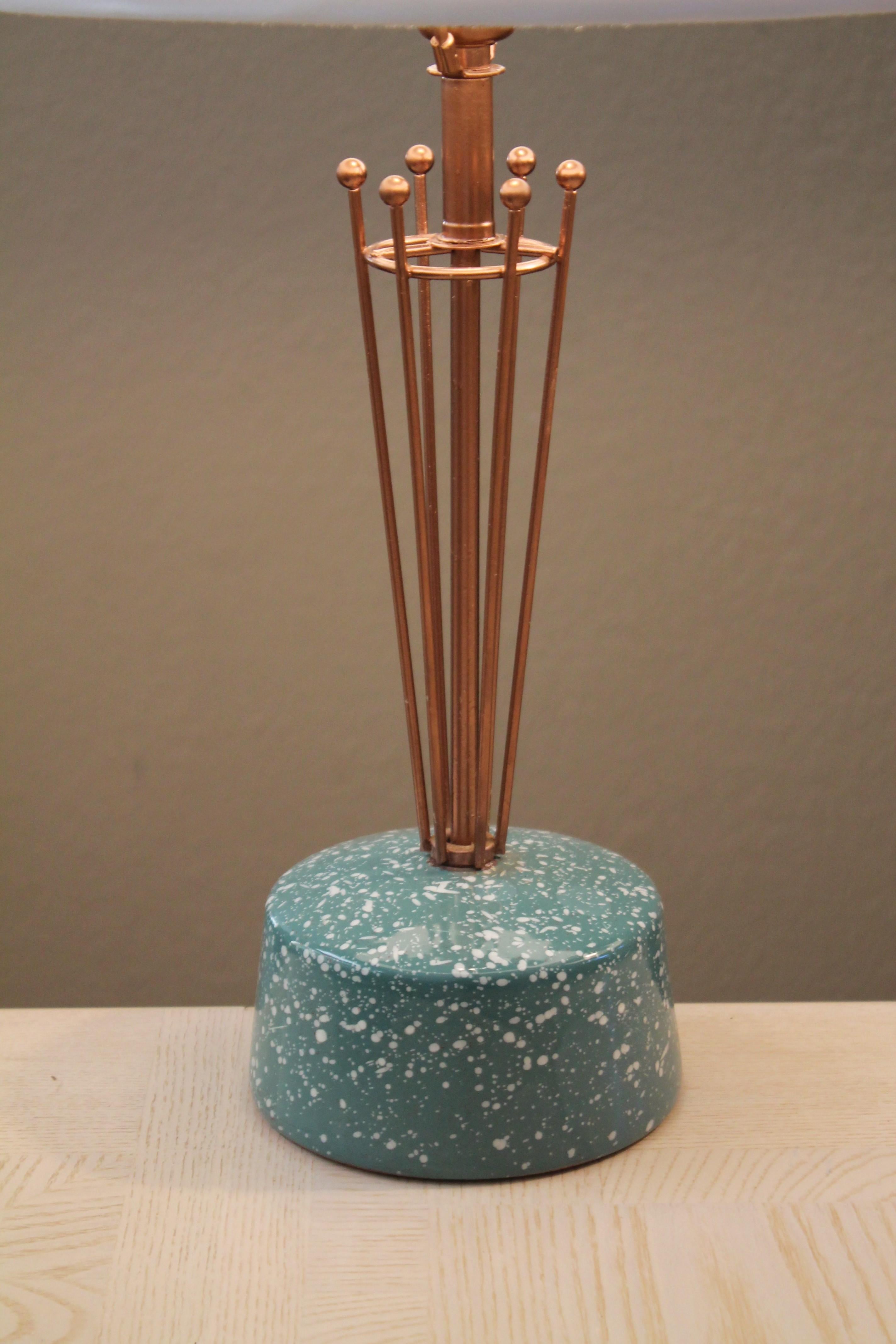 Pair! Raymor Mid Century Modern Atomic Pottery Table Lamps Aqua Copper Sputnik  In Good Condition For Sale In Peoria, AZ