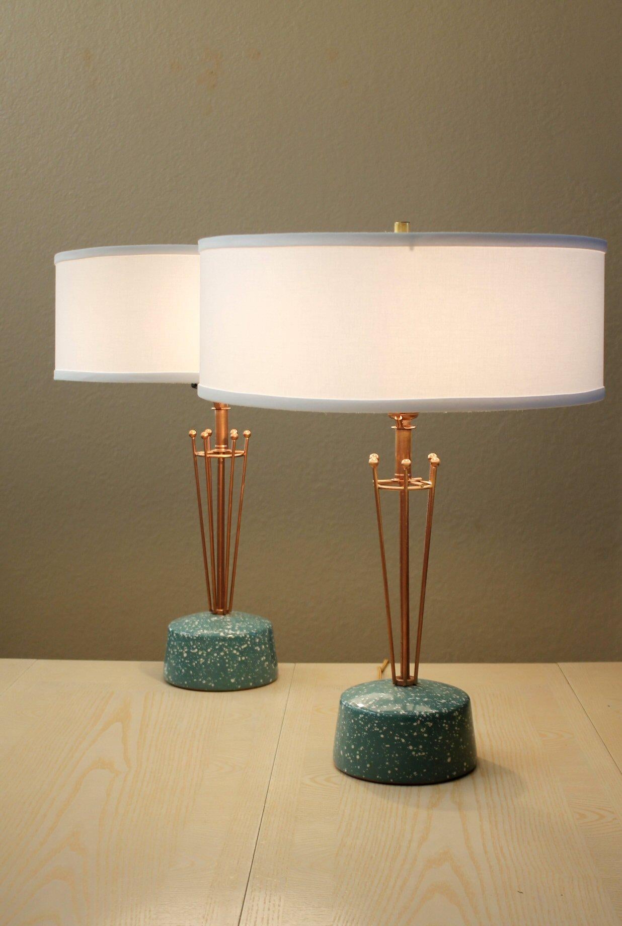 20th Century Pair! Raymor Mid Century Modern Atomic Pottery Table Lamps Aqua Copper Sputnik  For Sale