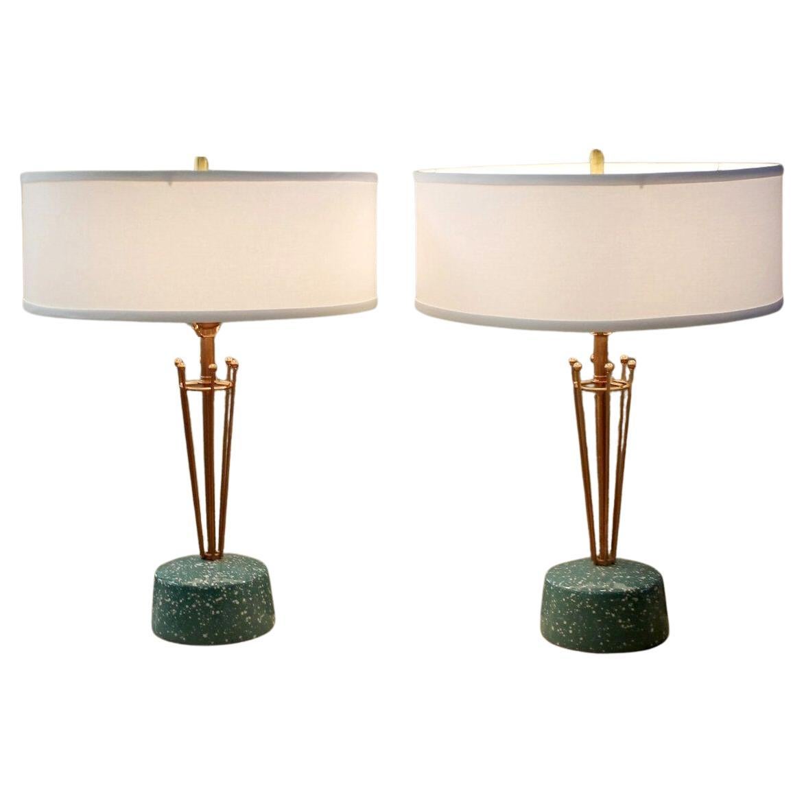 Pair! Raymor Mid Century Modern Atomic Pottery Table Lamps Aqua Copper Sputnik  For Sale