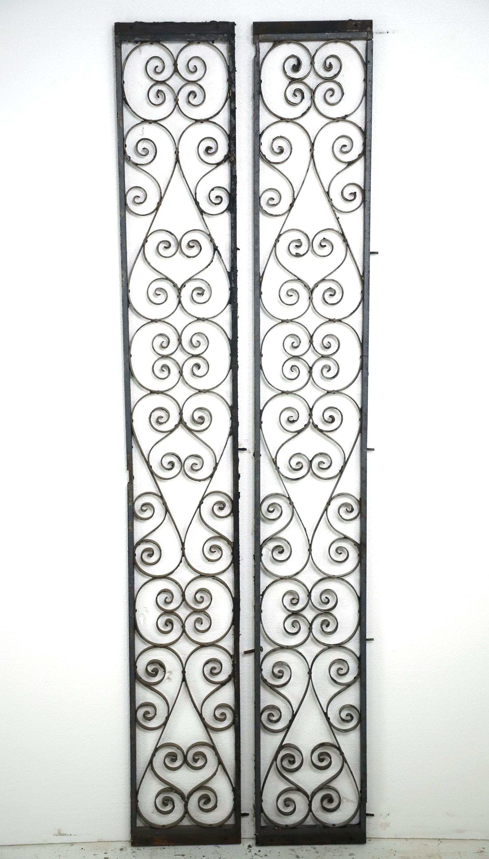 20th Century Pair Reclaimed 58 in. Curled Wrought Iron Vertical Panels For Sale