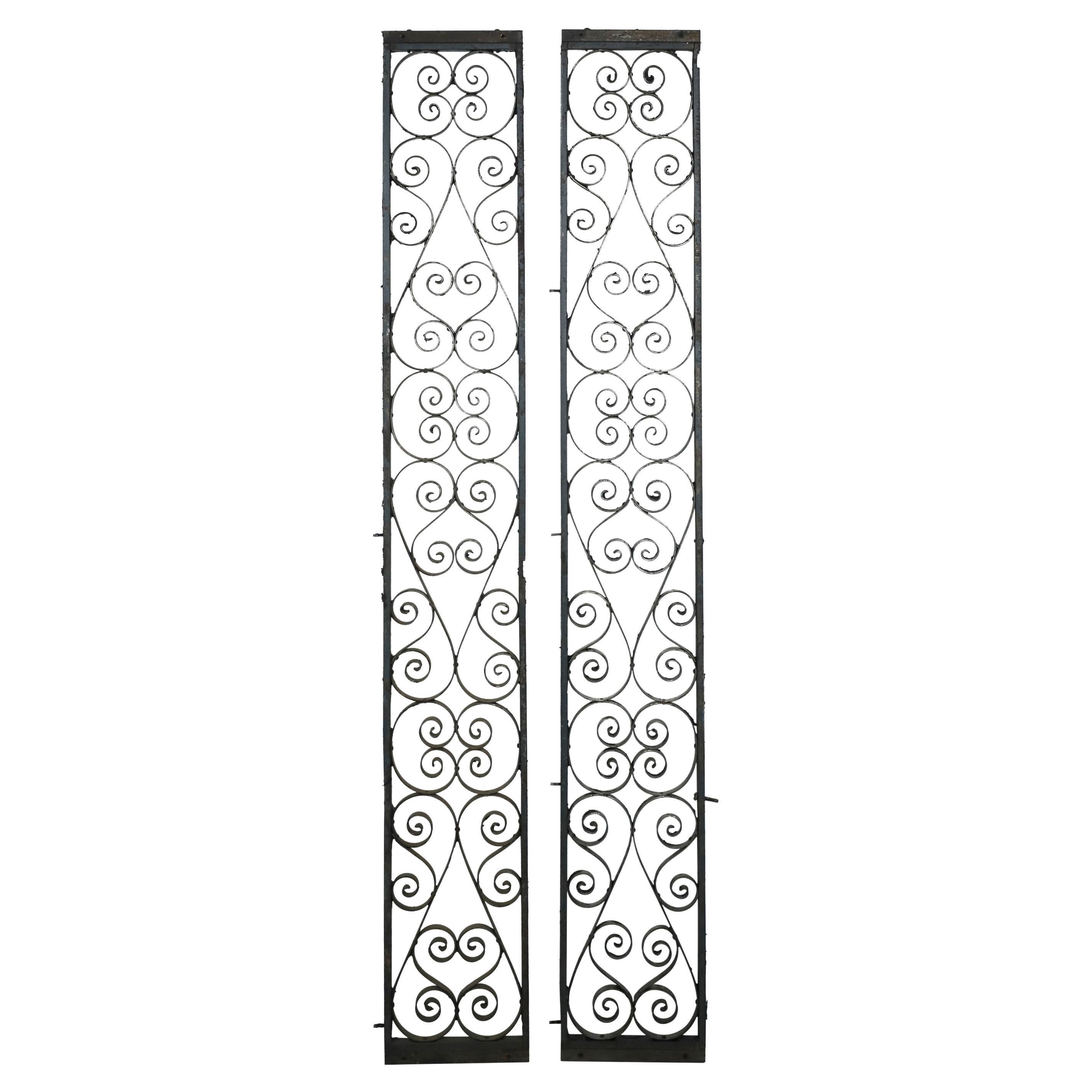 Pair Reclaimed 58 in. Curled Wrought Iron Vertical Panels For Sale