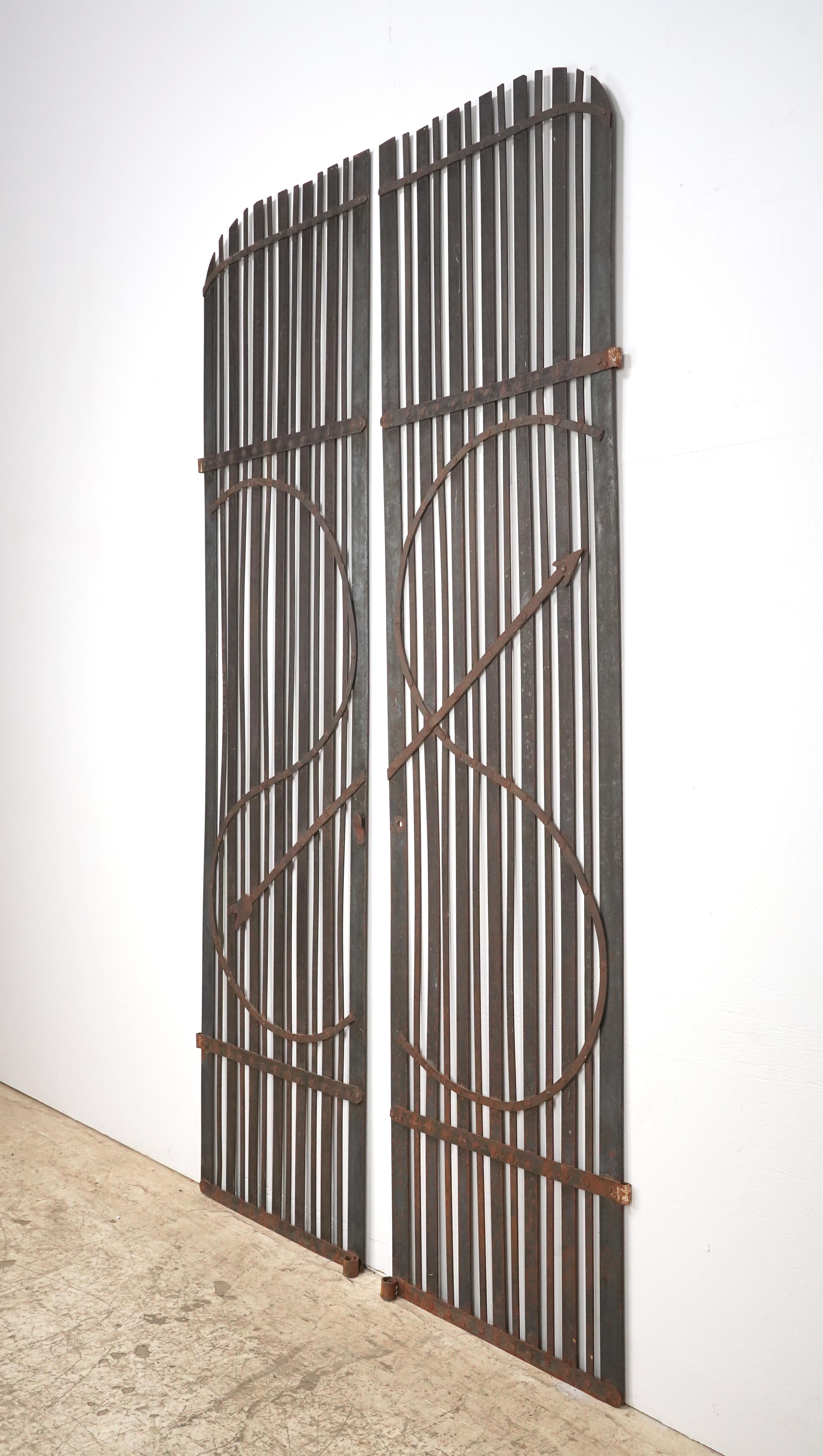 Pair Reclaimed Black Wrought Iron Arched Gates For Sale 5