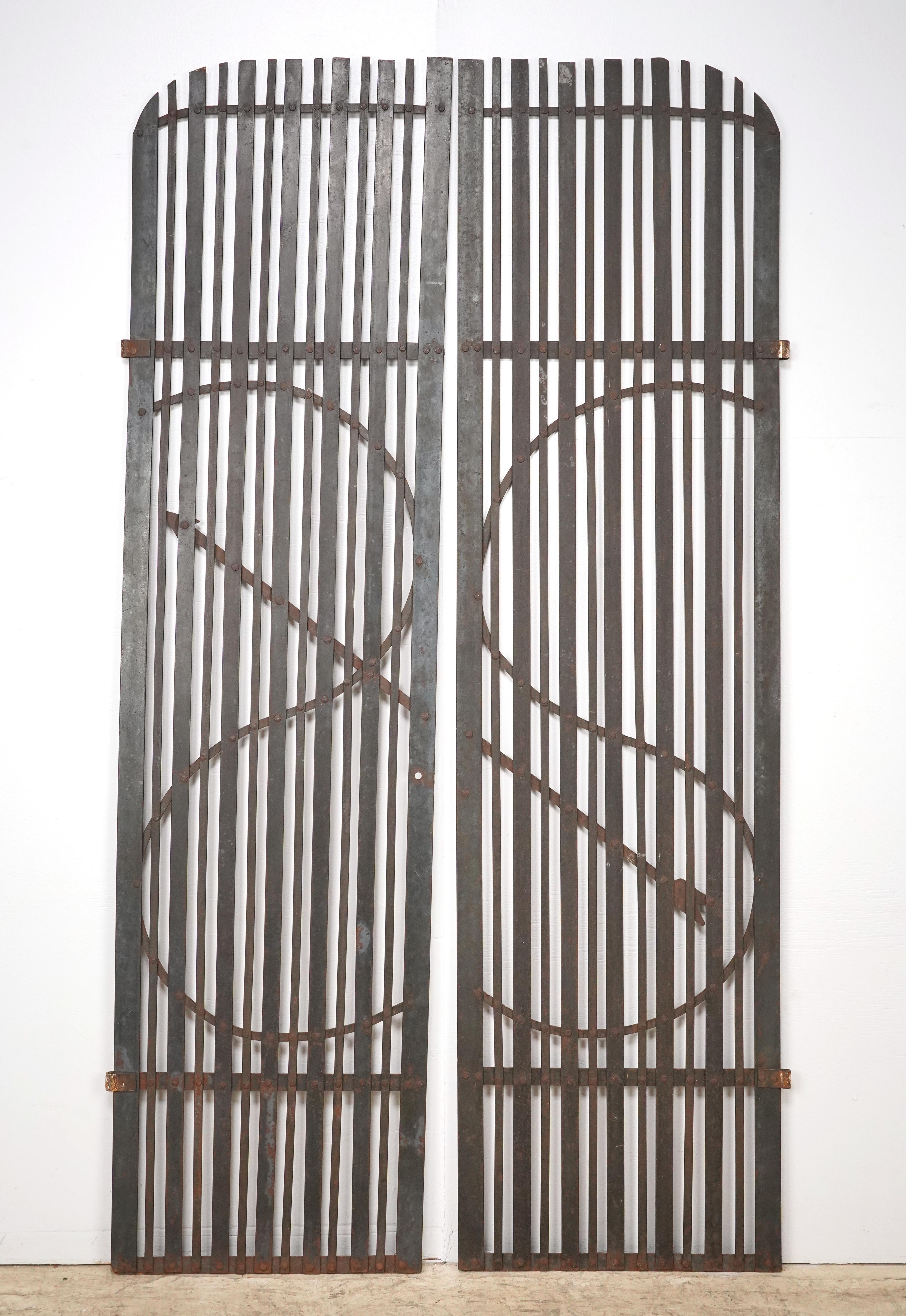 Pair Reclaimed Black Wrought Iron Arched Gates For Sale 7
