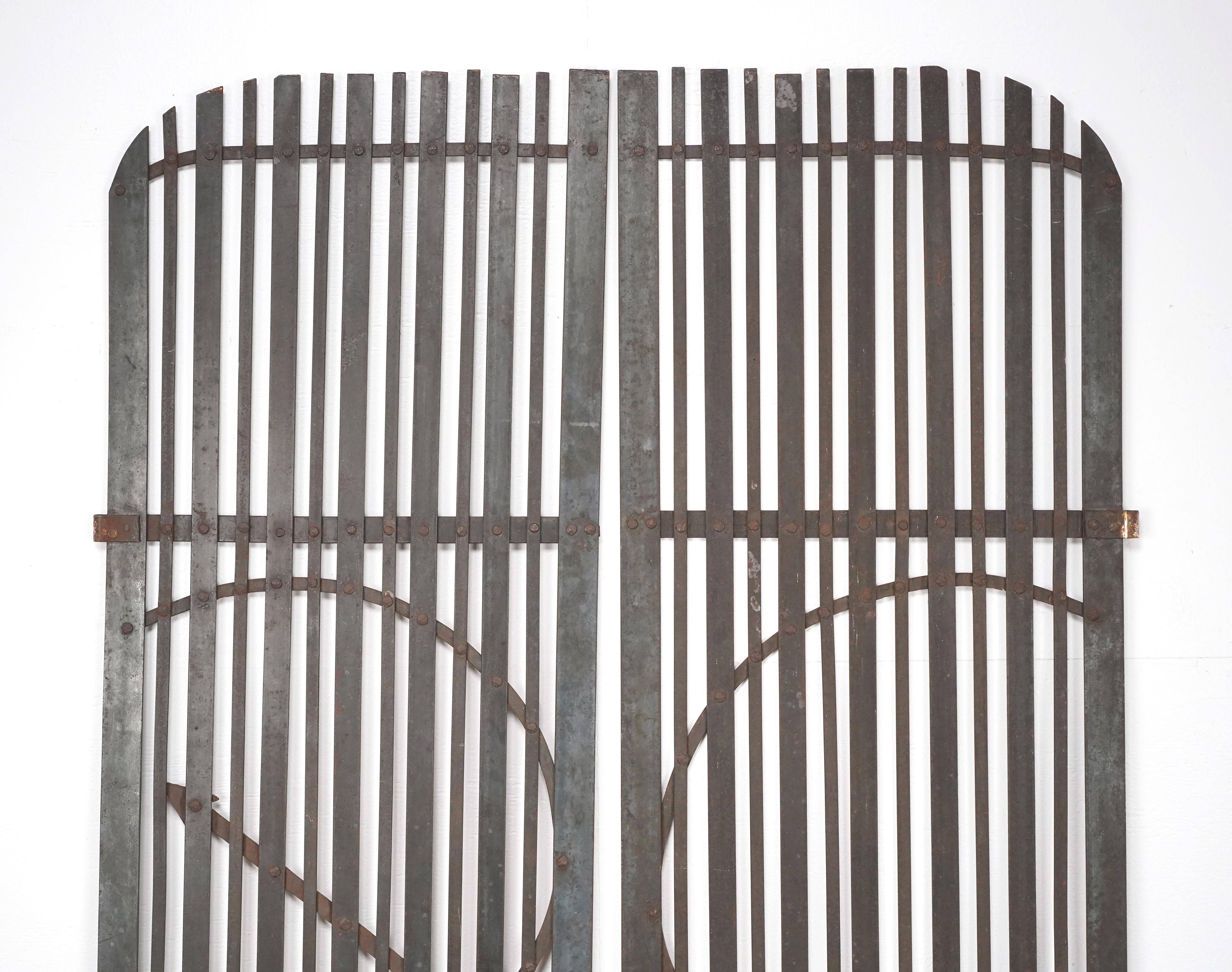 Pair Reclaimed Black Wrought Iron Arched Gates For Sale 8