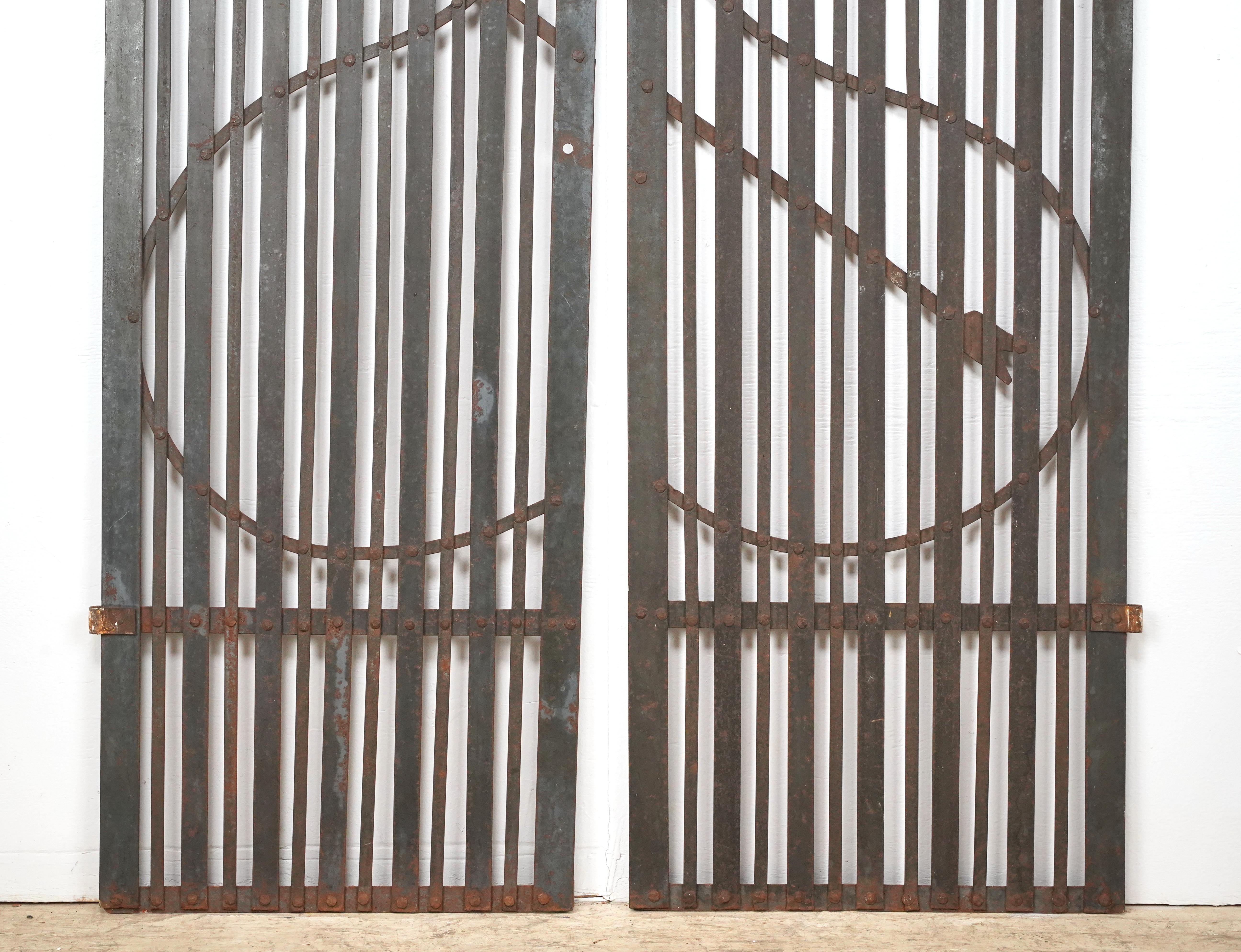 Pair Reclaimed Black Wrought Iron Arched Gates For Sale 9