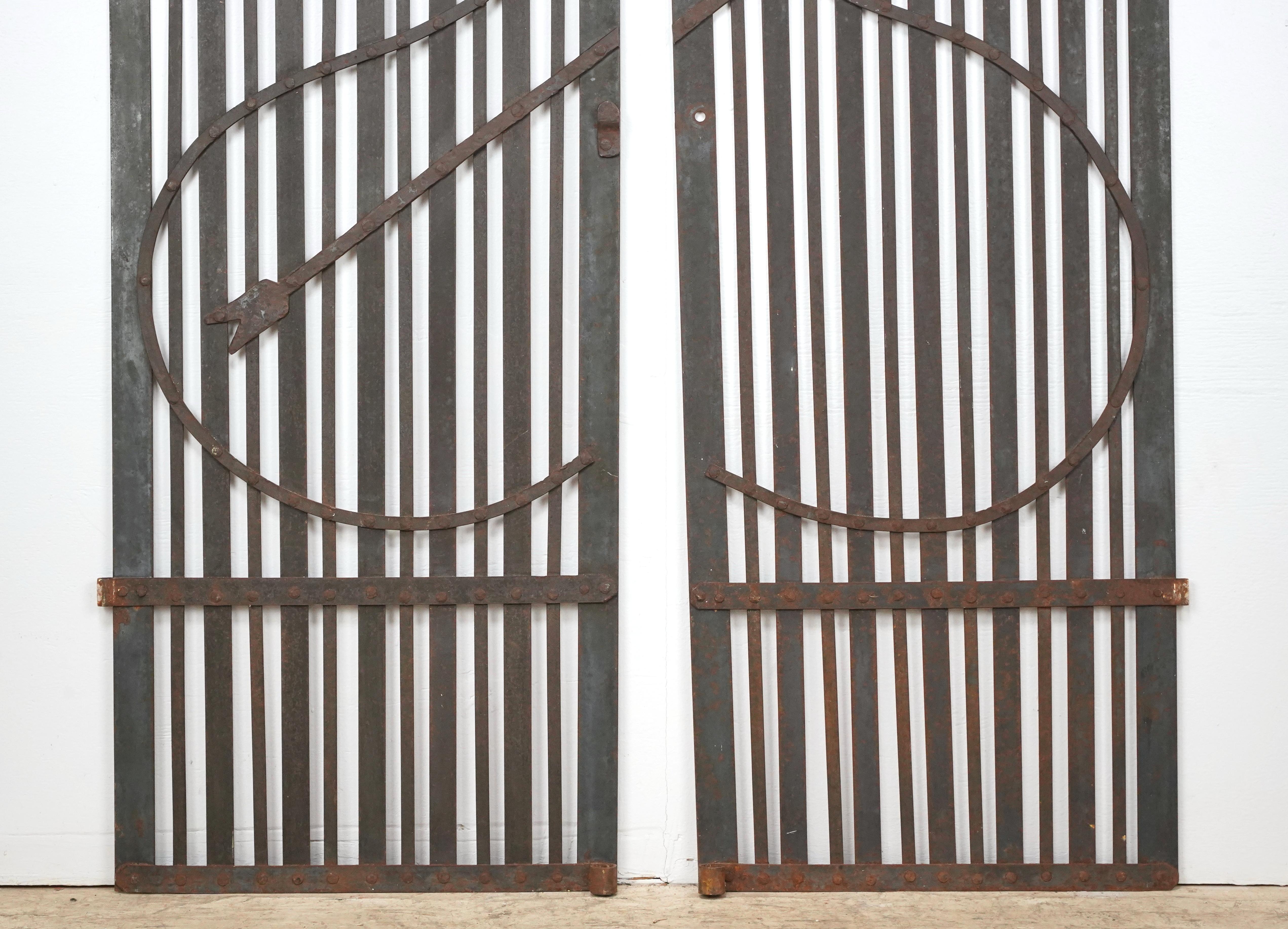 American Pair Reclaimed Black Wrought Iron Arched Gates For Sale
