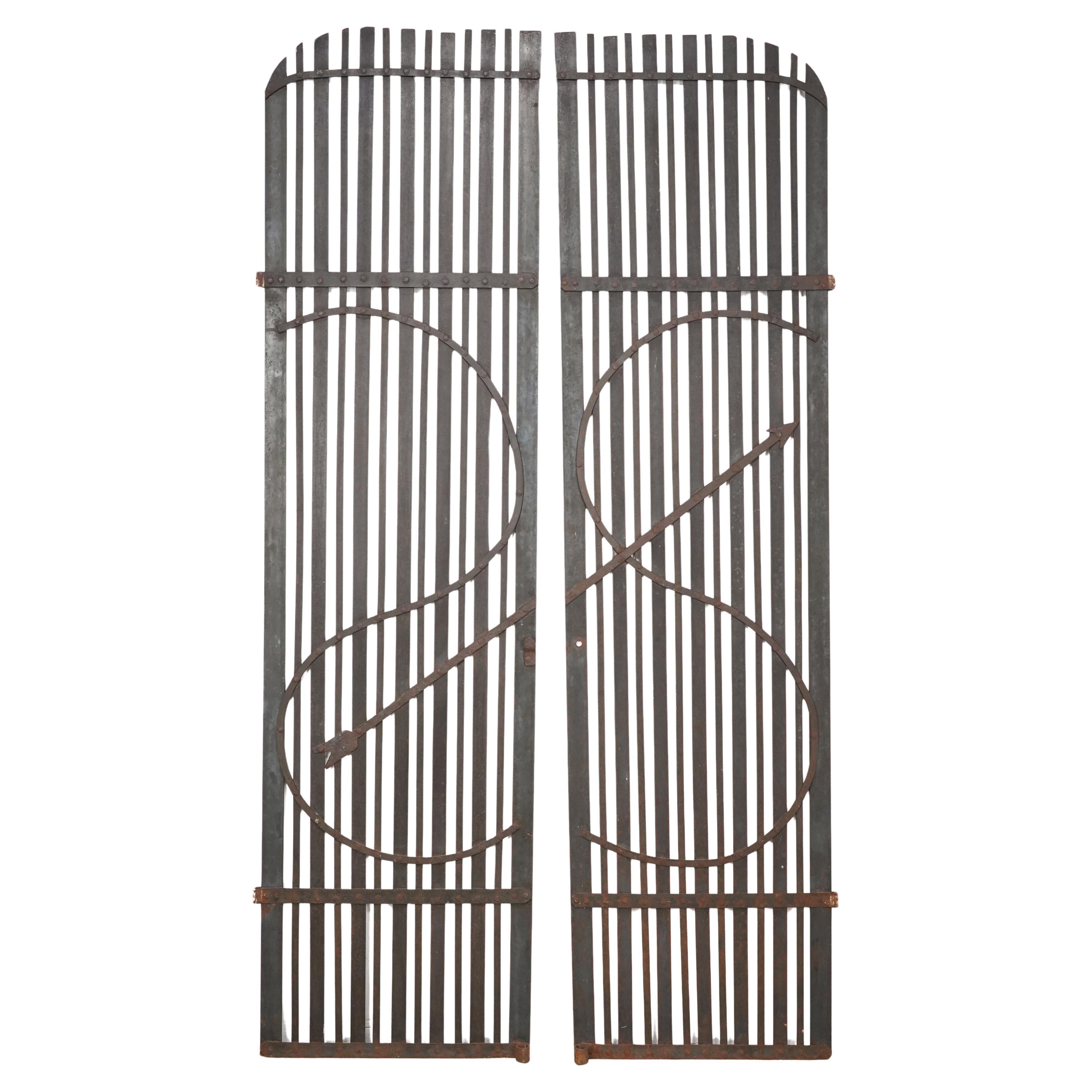 Pair Reclaimed Black Wrought Iron Arched Gates For Sale