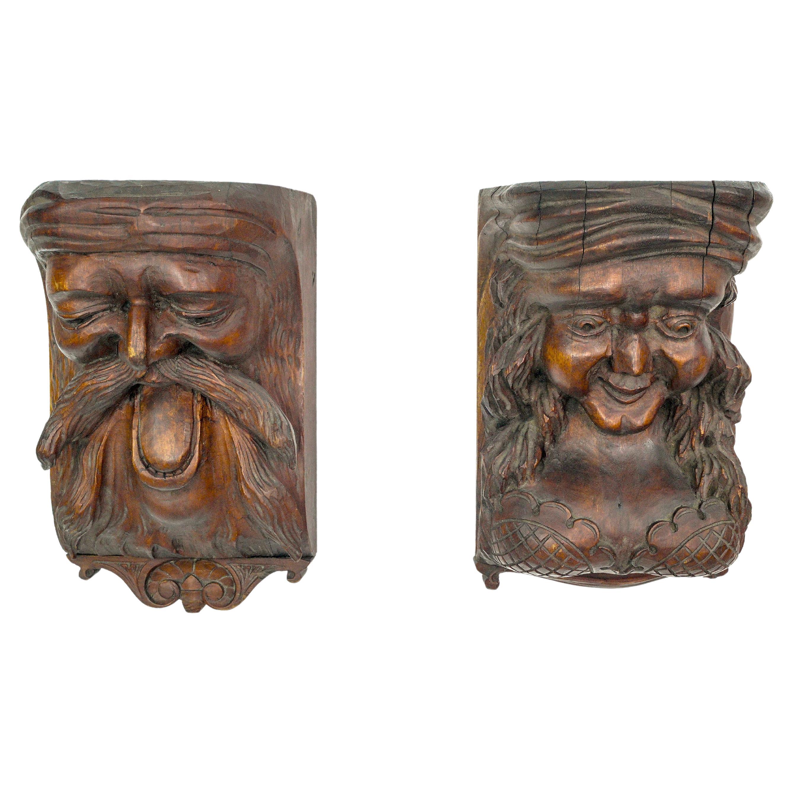 Pair Reclaimed Hand Carved Wood Figural Corbels Shelves