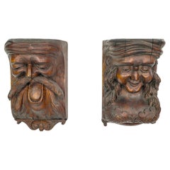 Used Pair Reclaimed Hand Carved Wood Figural Corbels Shelves