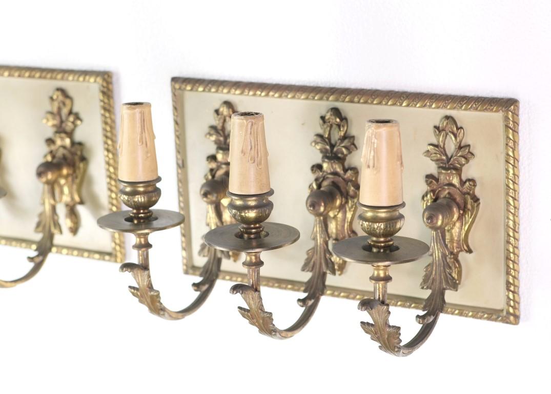 Pair Rectangular French Brass 3 Light Sconces Floral Details For Sale 2