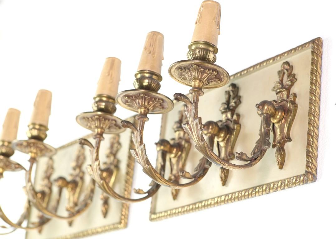 Pair Rectangular French Brass 3 Light Sconces Floral Details For Sale 3