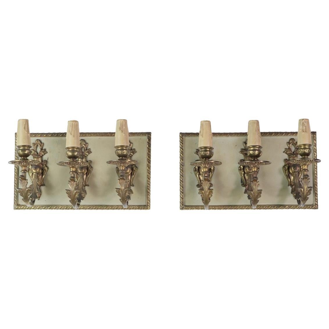Pair Rectangular French Brass 3 Light Sconces Floral Details