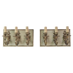 Pair Rectangular French Brass 3 Light Sconces Floral Details